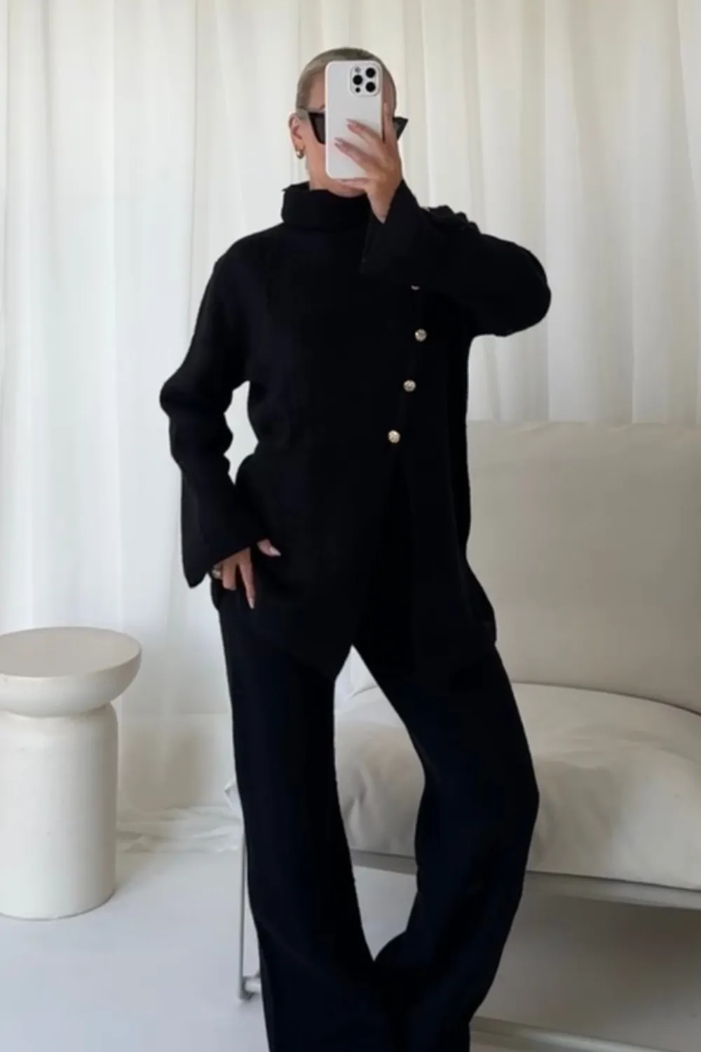 Arabella black button up sweater straight leg knitted loungewear