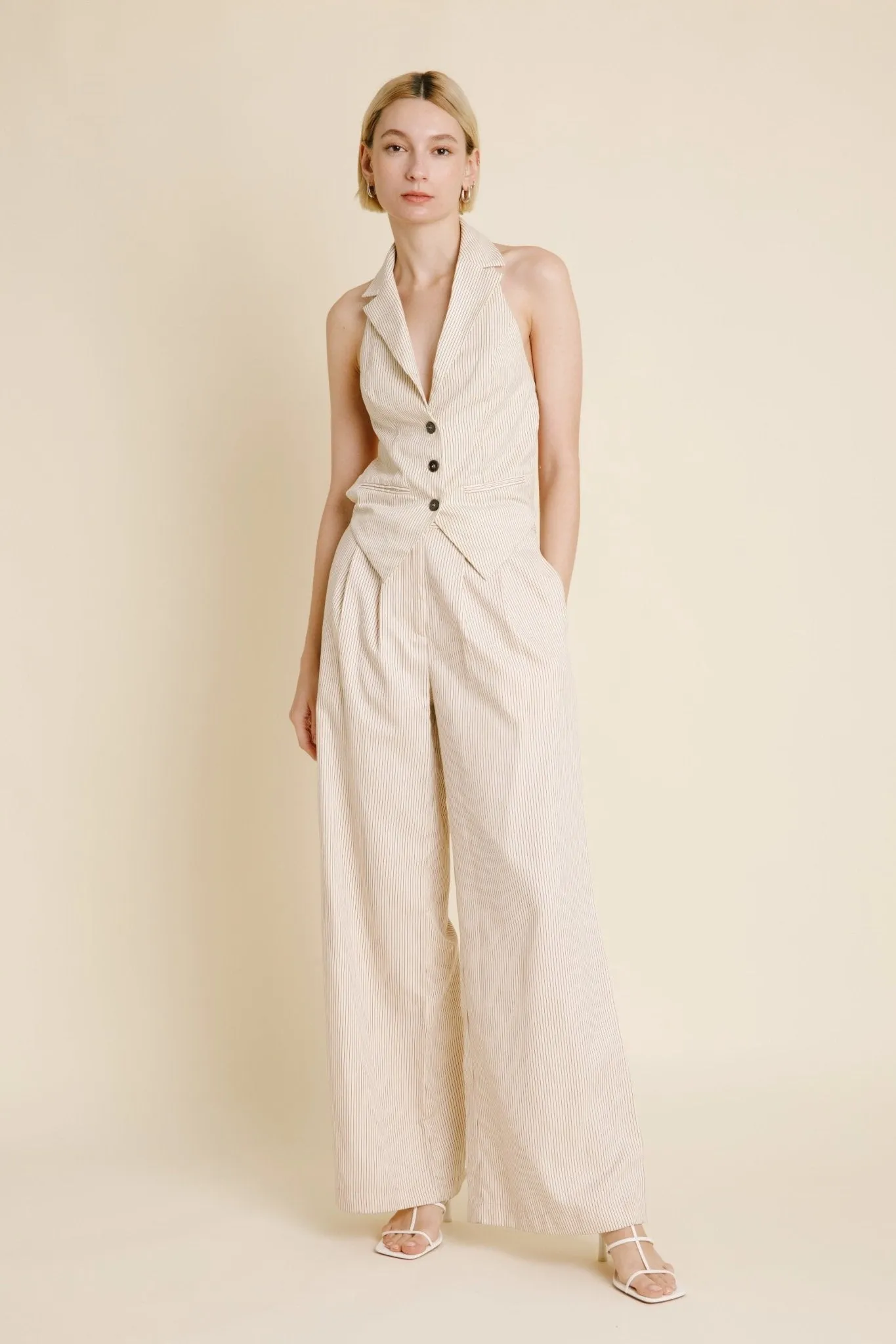 Aureum Ivory Pinstripe Twill Wide Leg Pants - FINAL SALE