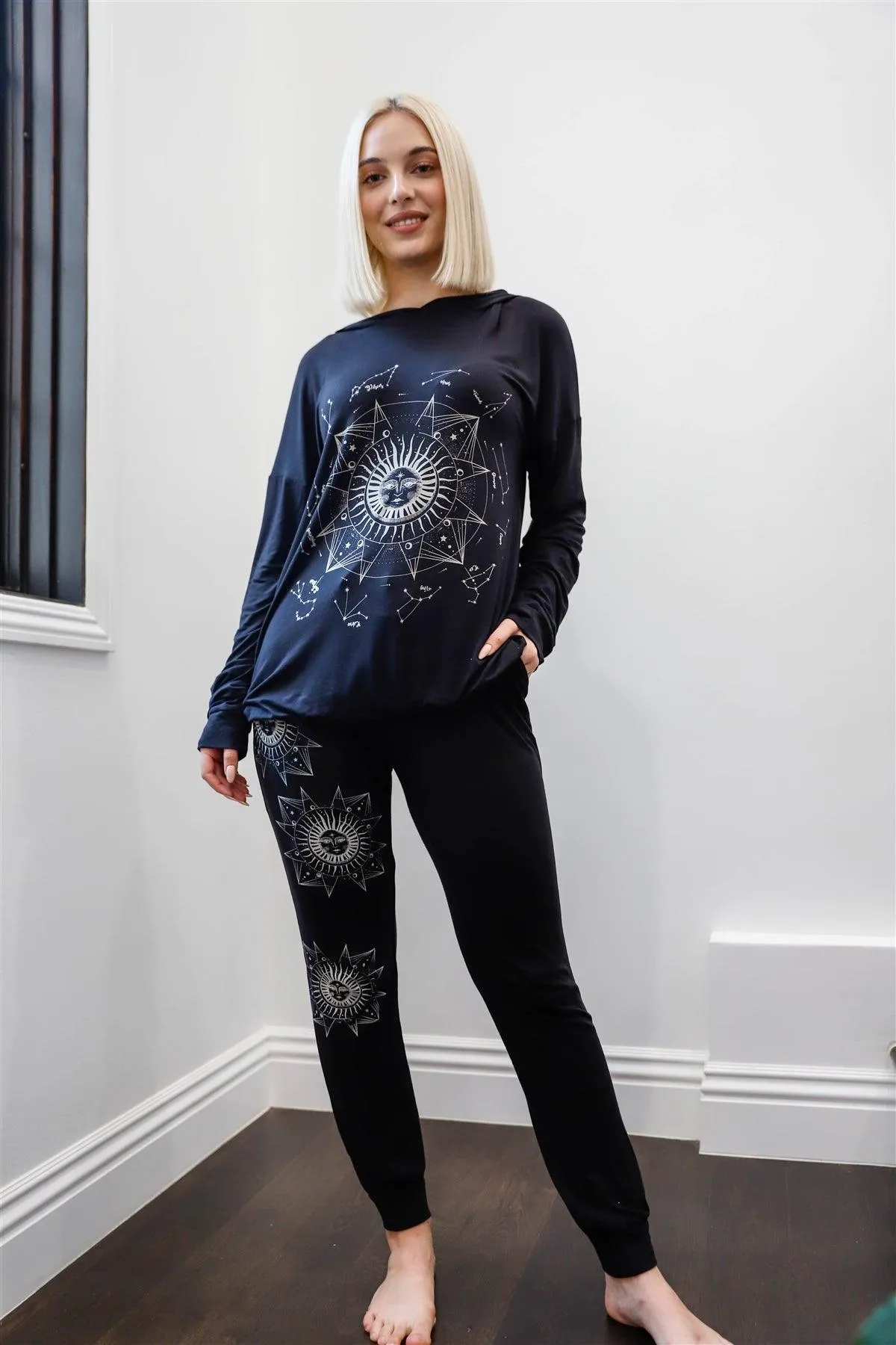 Black & Taupe Moon Sun Astronomy Print Hooded Long Sleeve Top & Pants Set /1-1-1