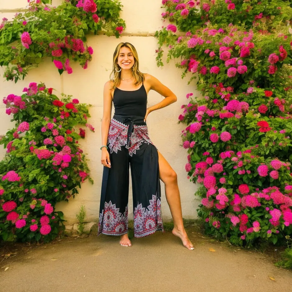 Black Floral Mandala Palazzo Wrap Pants