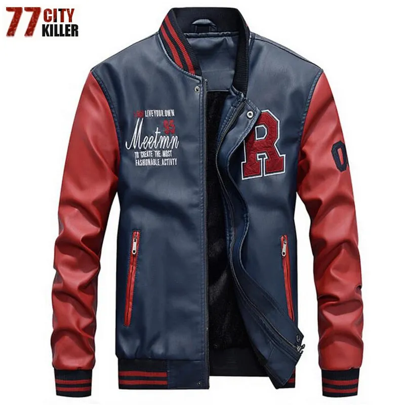 Brand Embroidery Baseball Jackets Men Fleece Pilot Letter Stand Bomber Coat