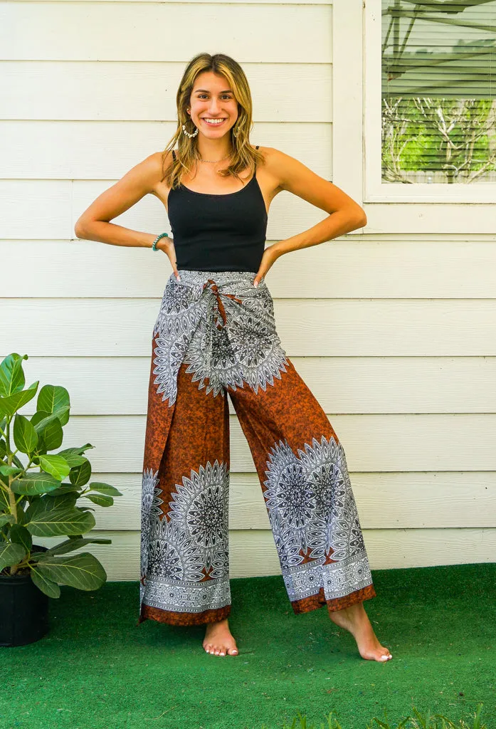 Brown Marble Mandala Palazzo Wrap Pants