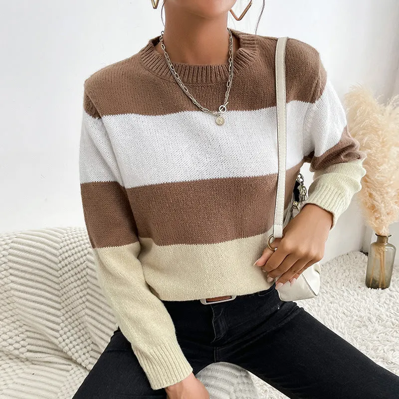 Casual Color Block Long Sleeve Crew Neck Sweater Wholesale Women Top