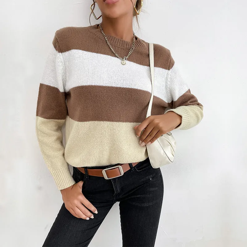 Casual Color Block Long Sleeve Crew Neck Sweater Wholesale Women Top