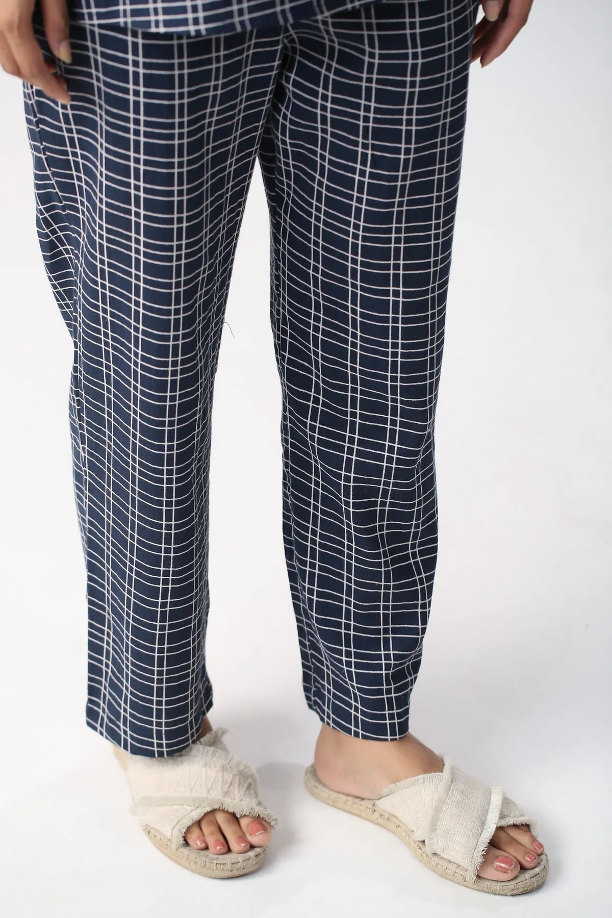 Checkered Blue Cotton Flex Loungewear Top Set