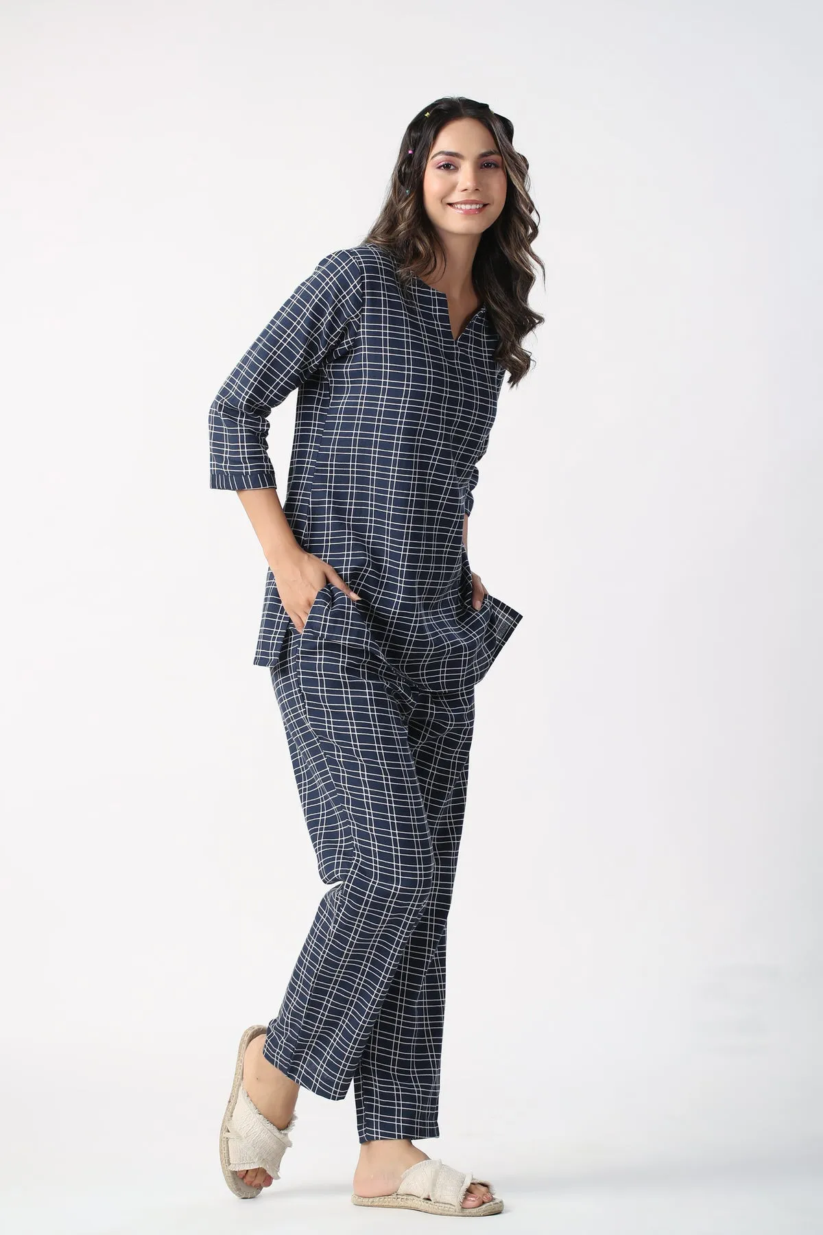 Checkered Blue Cotton Flex Loungewear Top Set