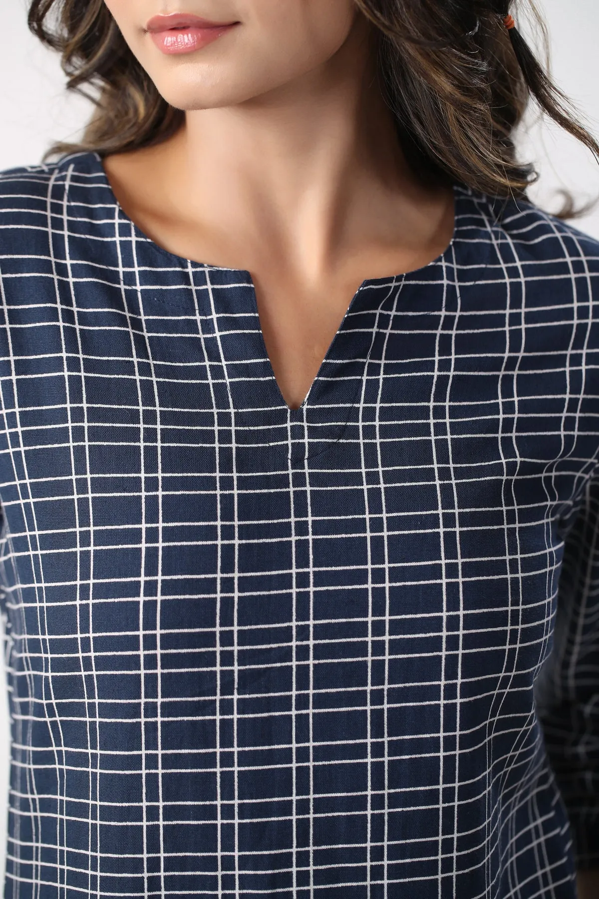 Checkered Blue Cotton Flex Loungewear Top Set