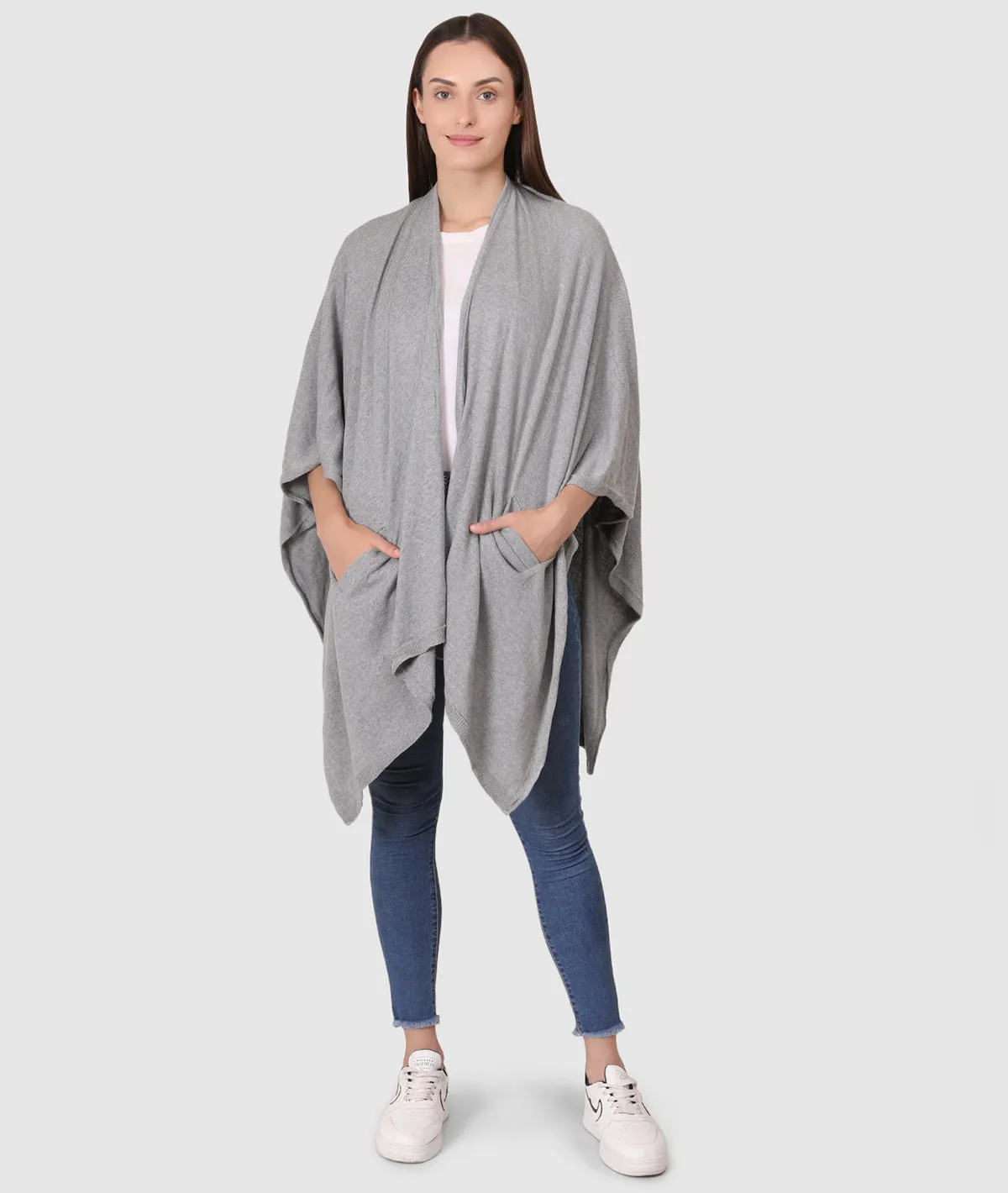 Classic Travel cape Wrap - Organic Cotton Knitted Light Weight Wrap in Pouch (Light Grey Melange )