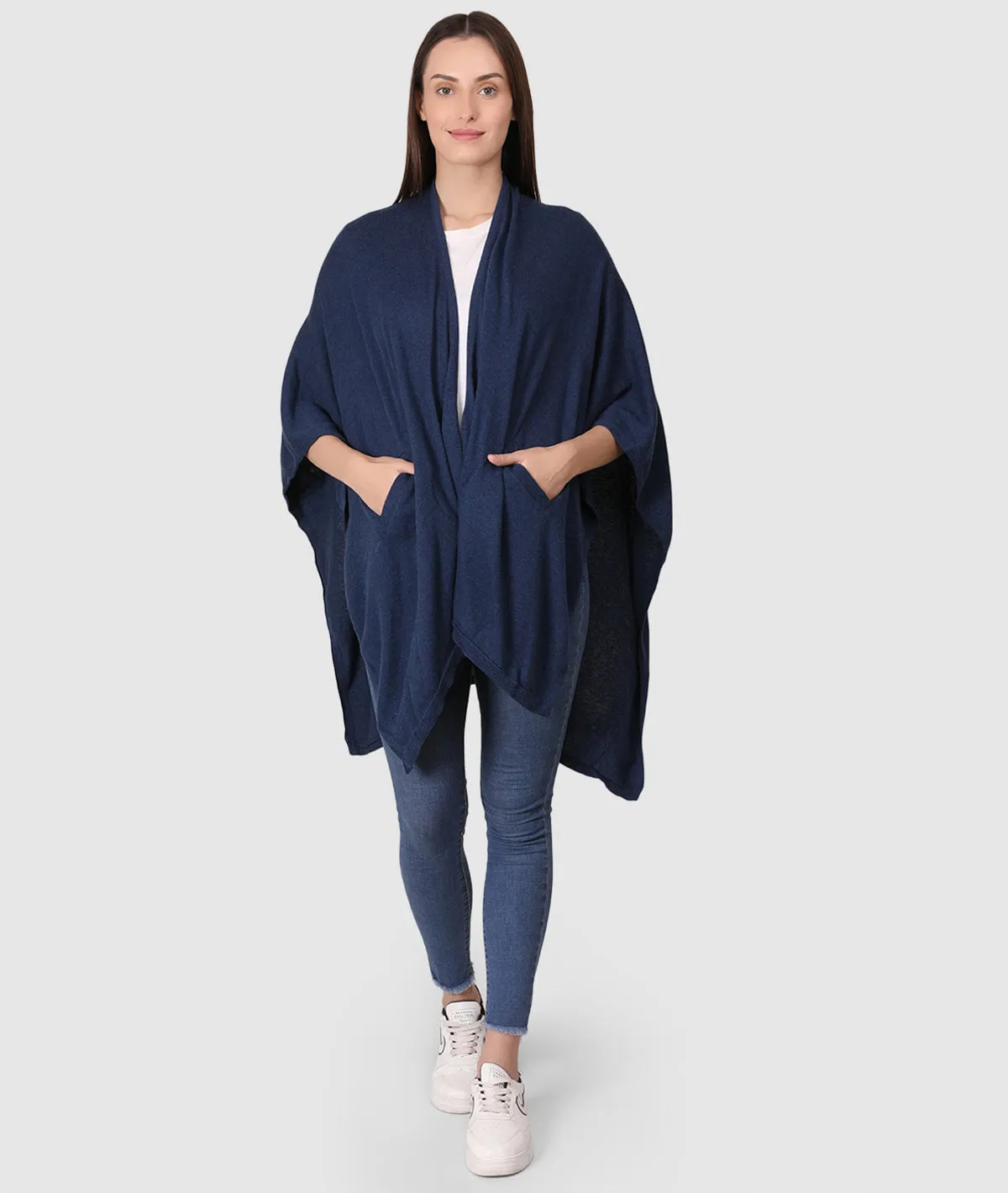 Classic Travel Cape Wrap - Organic Cotton Knitted Light Weight Wrap in Pouch (Navy Melange )