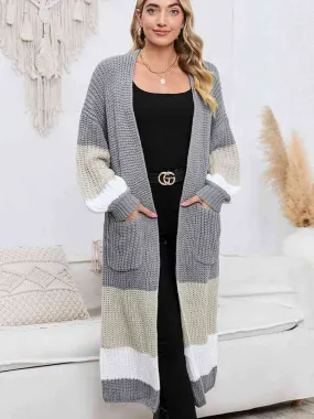 Color Block Long Sleeve Pocketed Cardigan