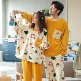 Cozy Cartoon Print Fleece Couple Pajama Set