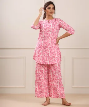 Daabu floral on White Cotton Palazzo Loungewear Set