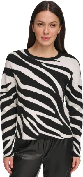 DKNY Zebra Crew Neck Long Sleeve Sweater, Ivory/Black