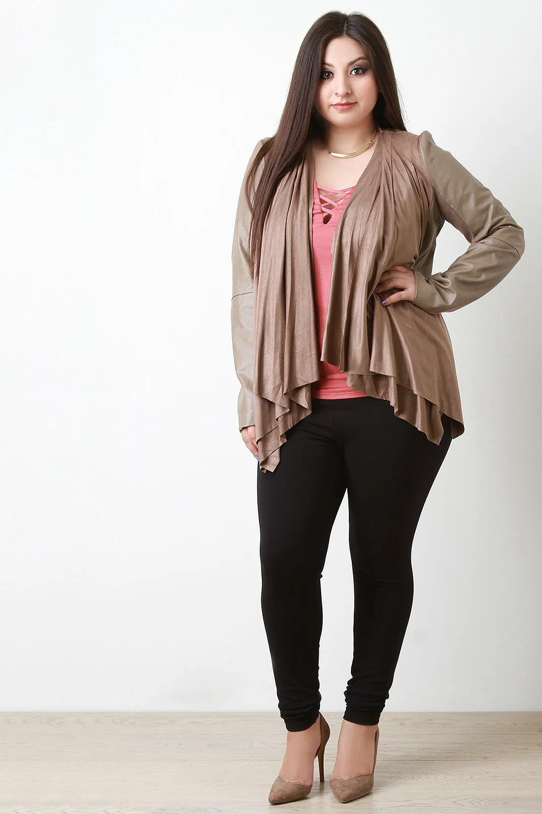 Draped Suede Collarless Leather Jacket