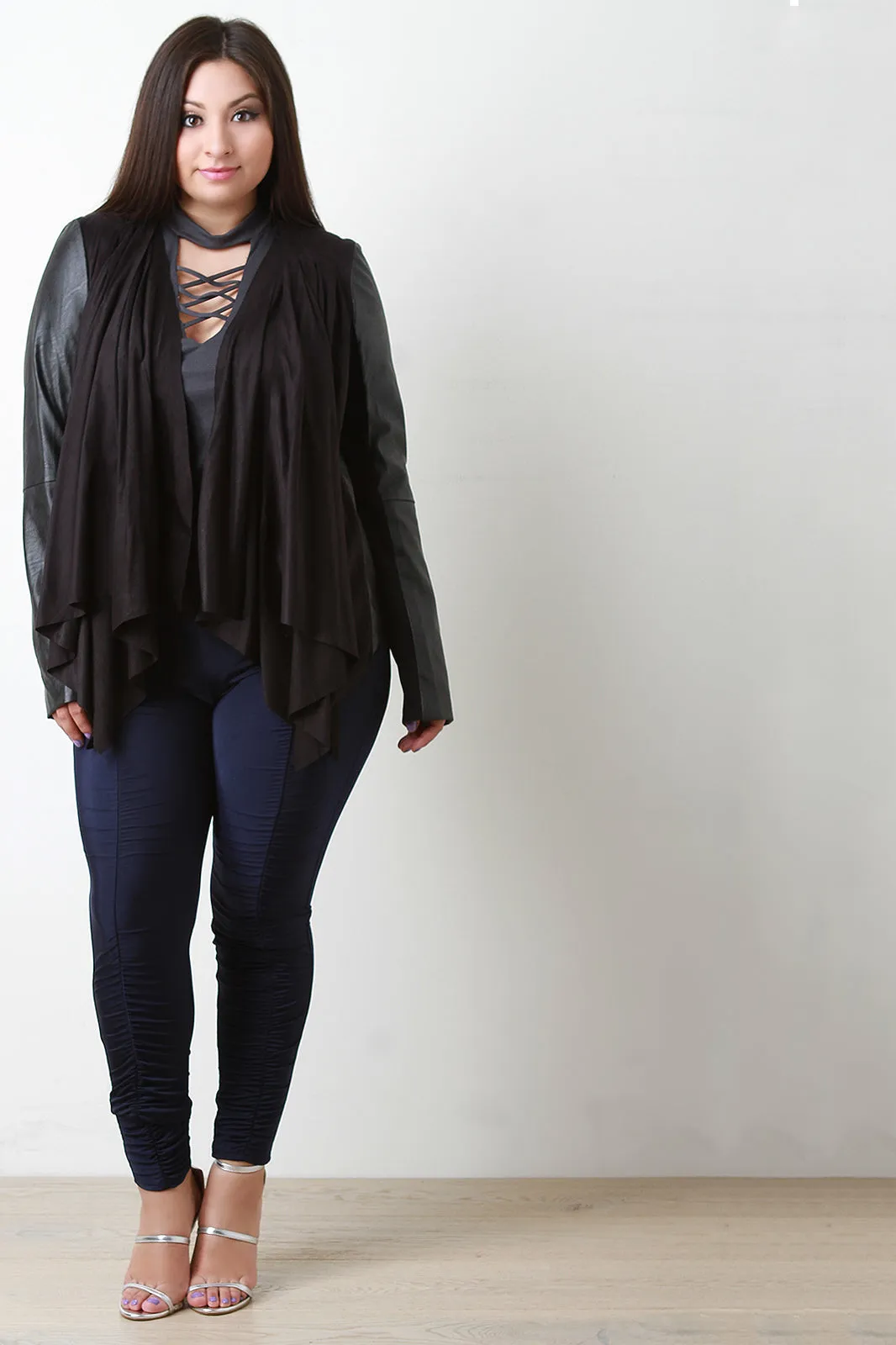 Draped Suede Collarless Leather Jacket