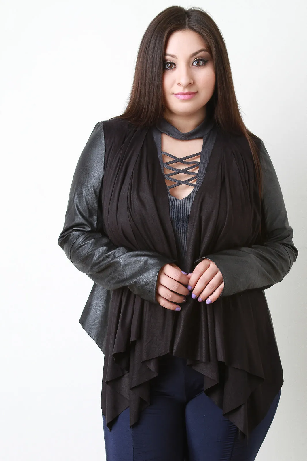 Draped Suede Collarless Leather Jacket