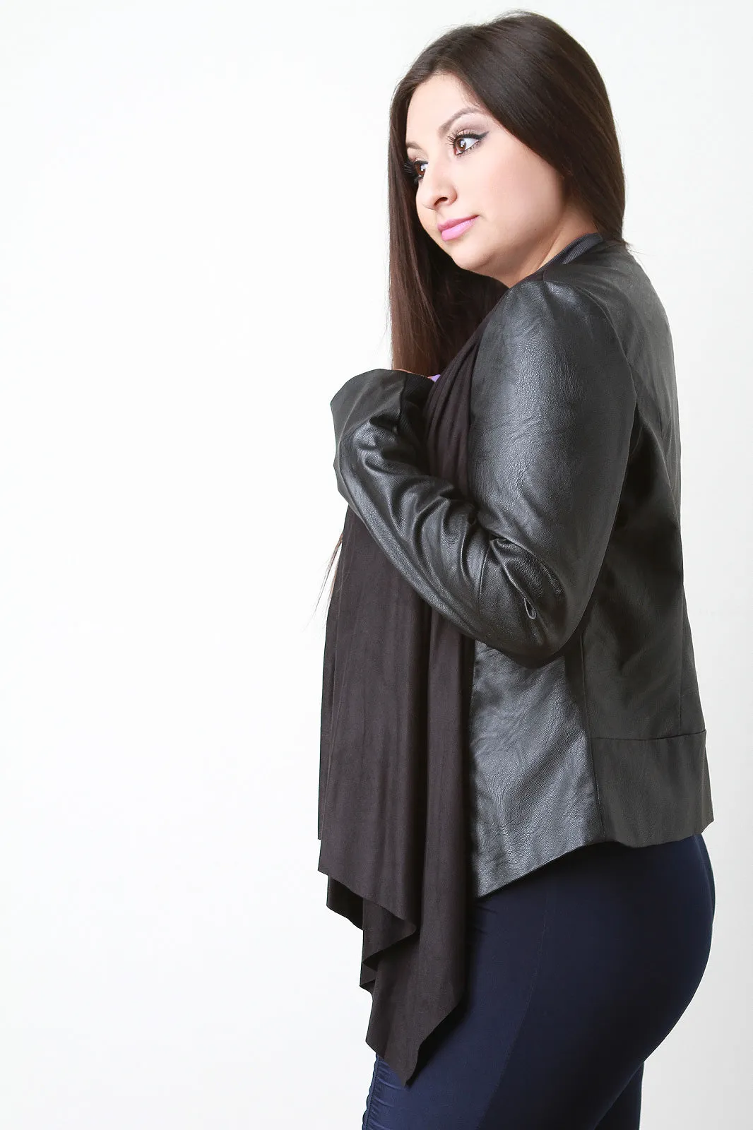 Draped Suede Collarless Leather Jacket