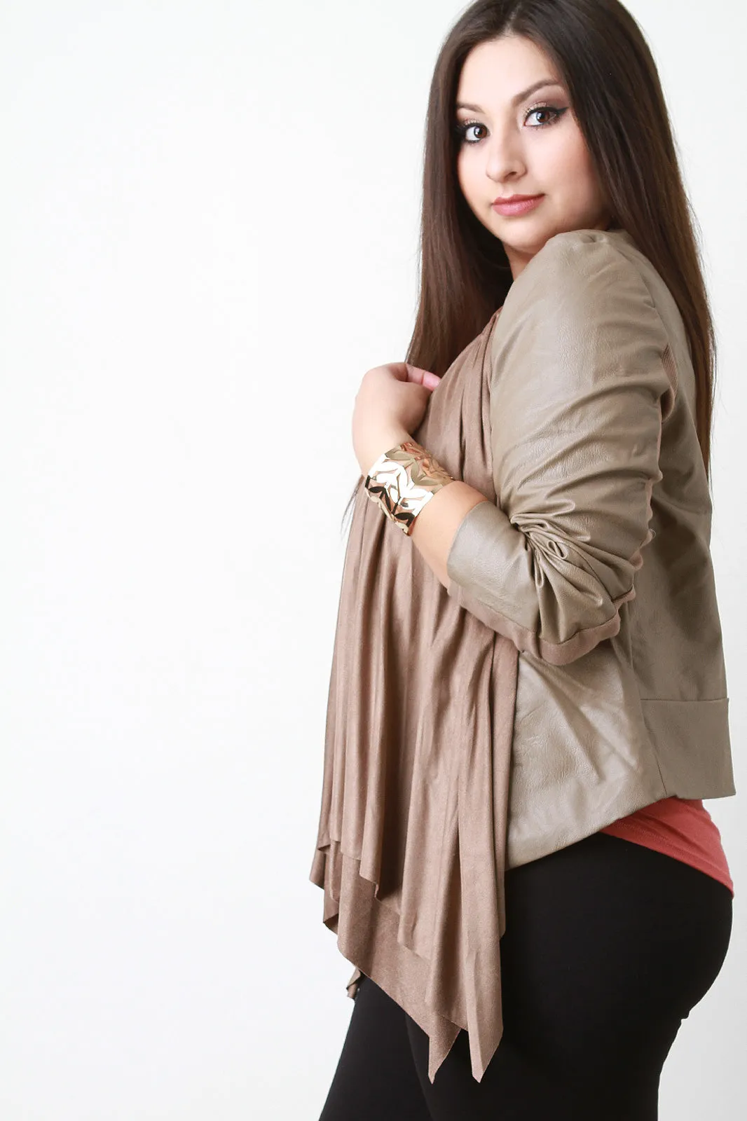 Draped Suede Collarless Leather Jacket