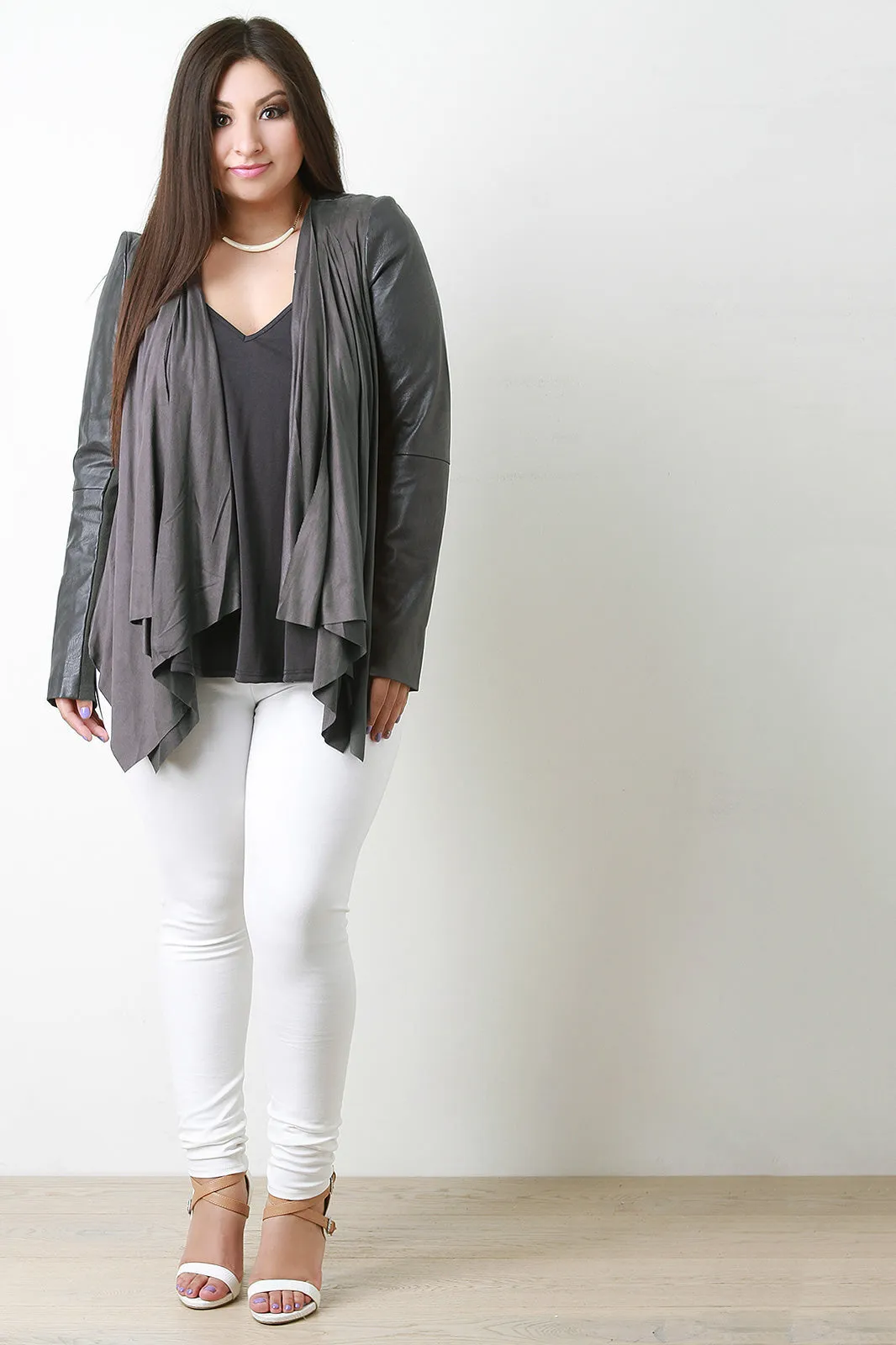 Draped Suede Collarless Leather Jacket