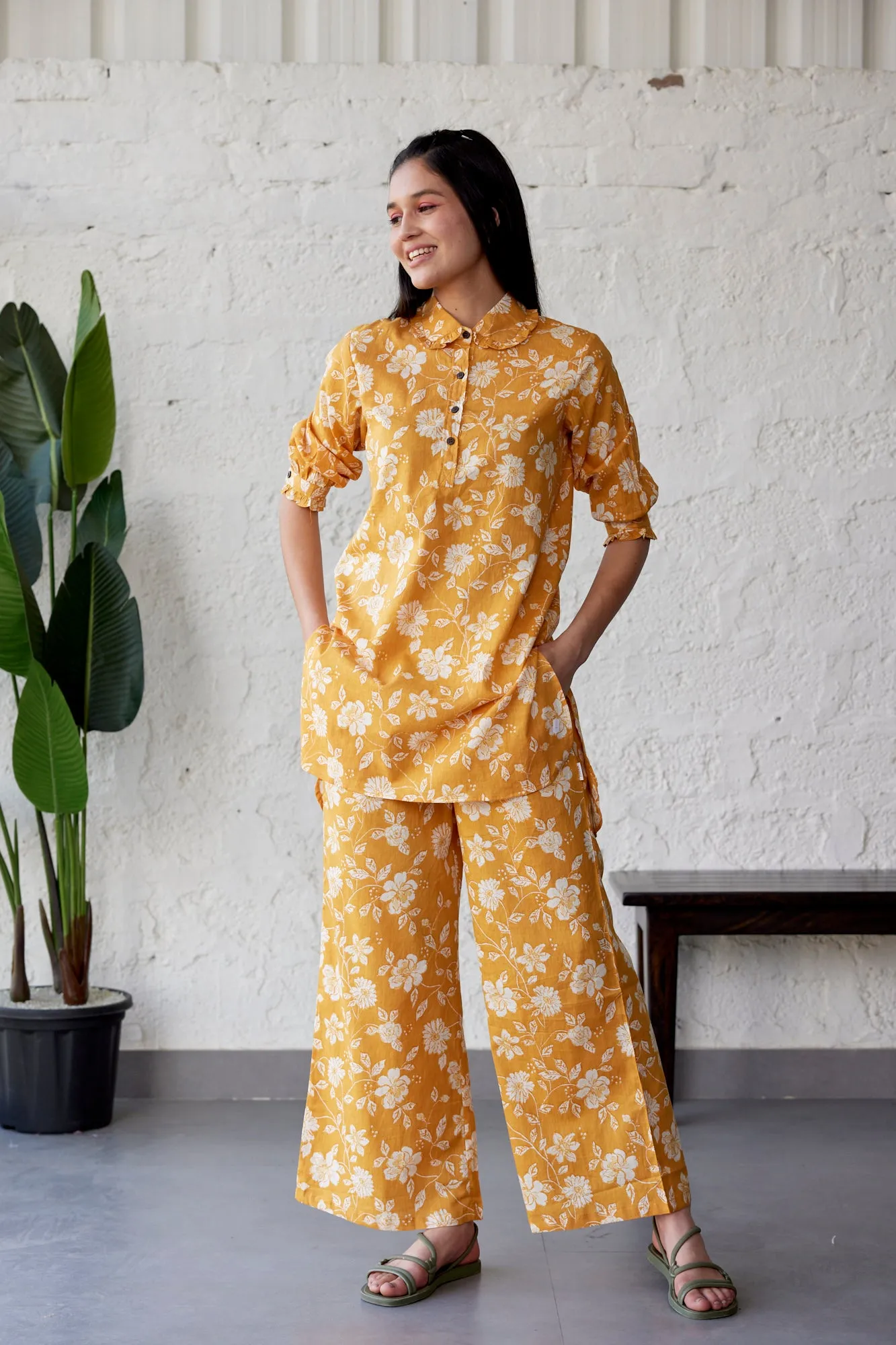 Floral Jaal on Mustard Palazzo Loungewear Set