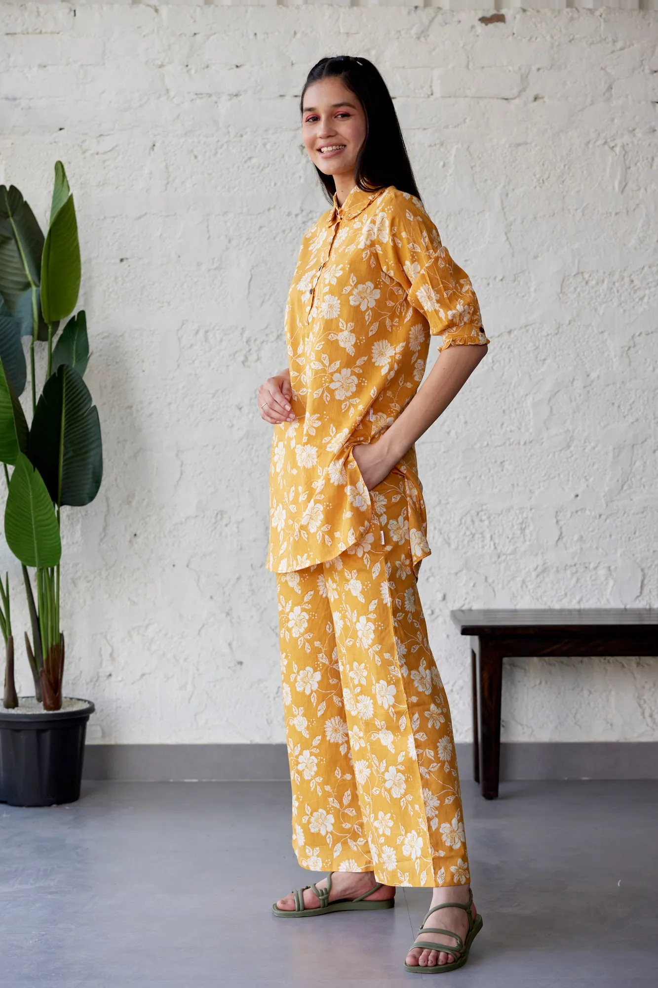 Floral Jaal on Mustard Palazzo Loungewear Set