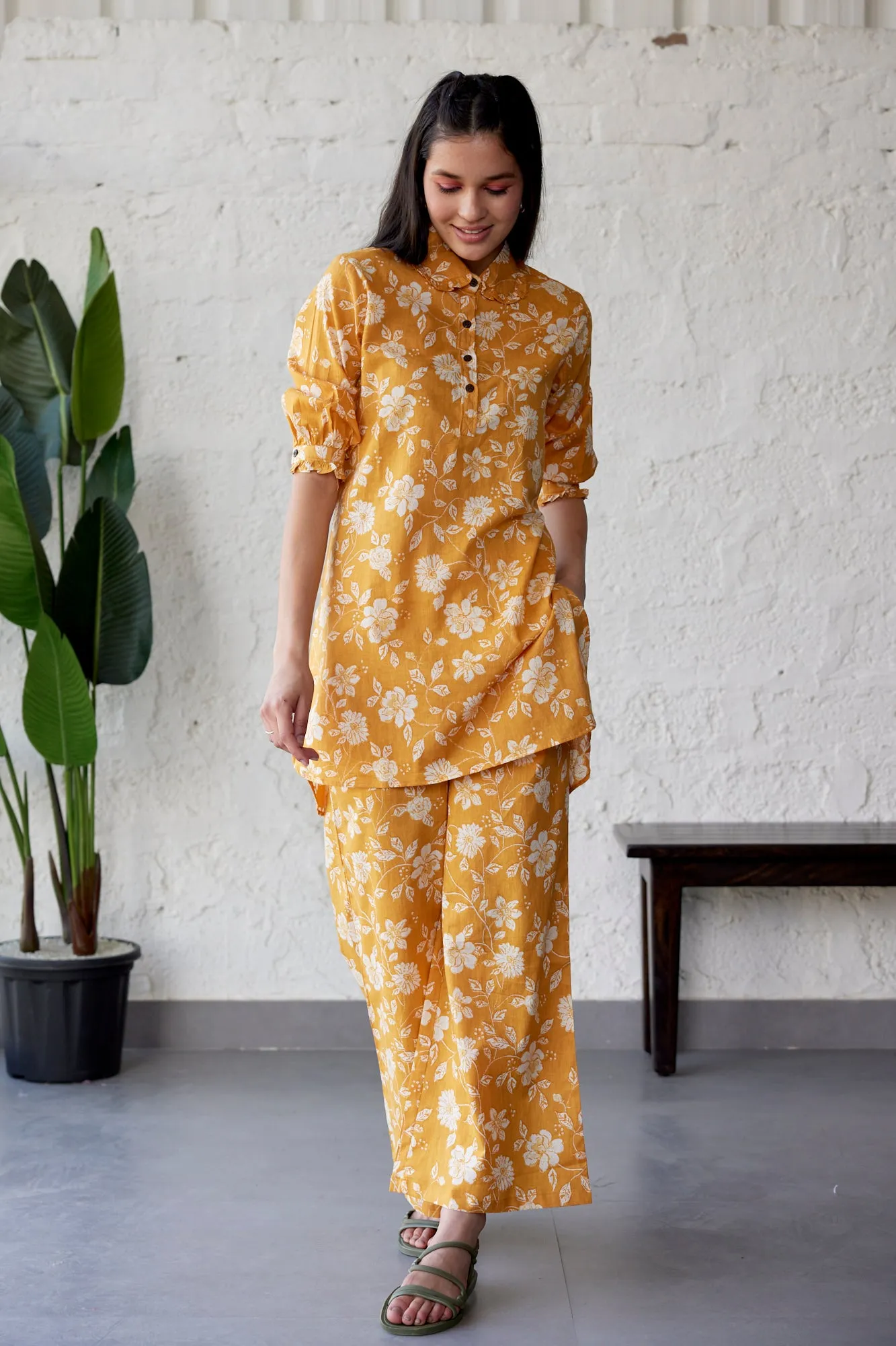 Floral Jaal on Mustard Palazzo Loungewear Set