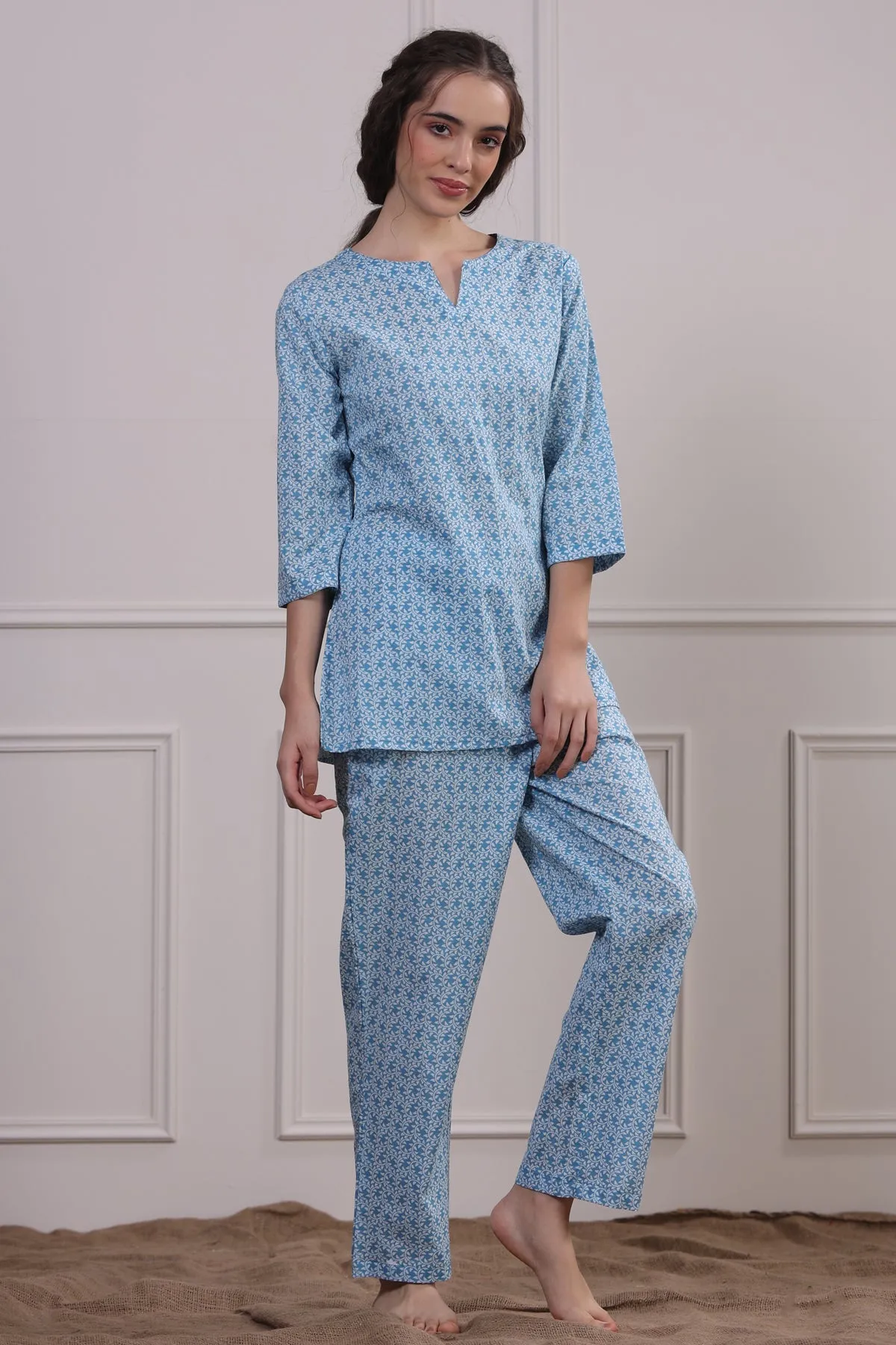 Floral Mosaic on Light Blue Loungewear Top Set