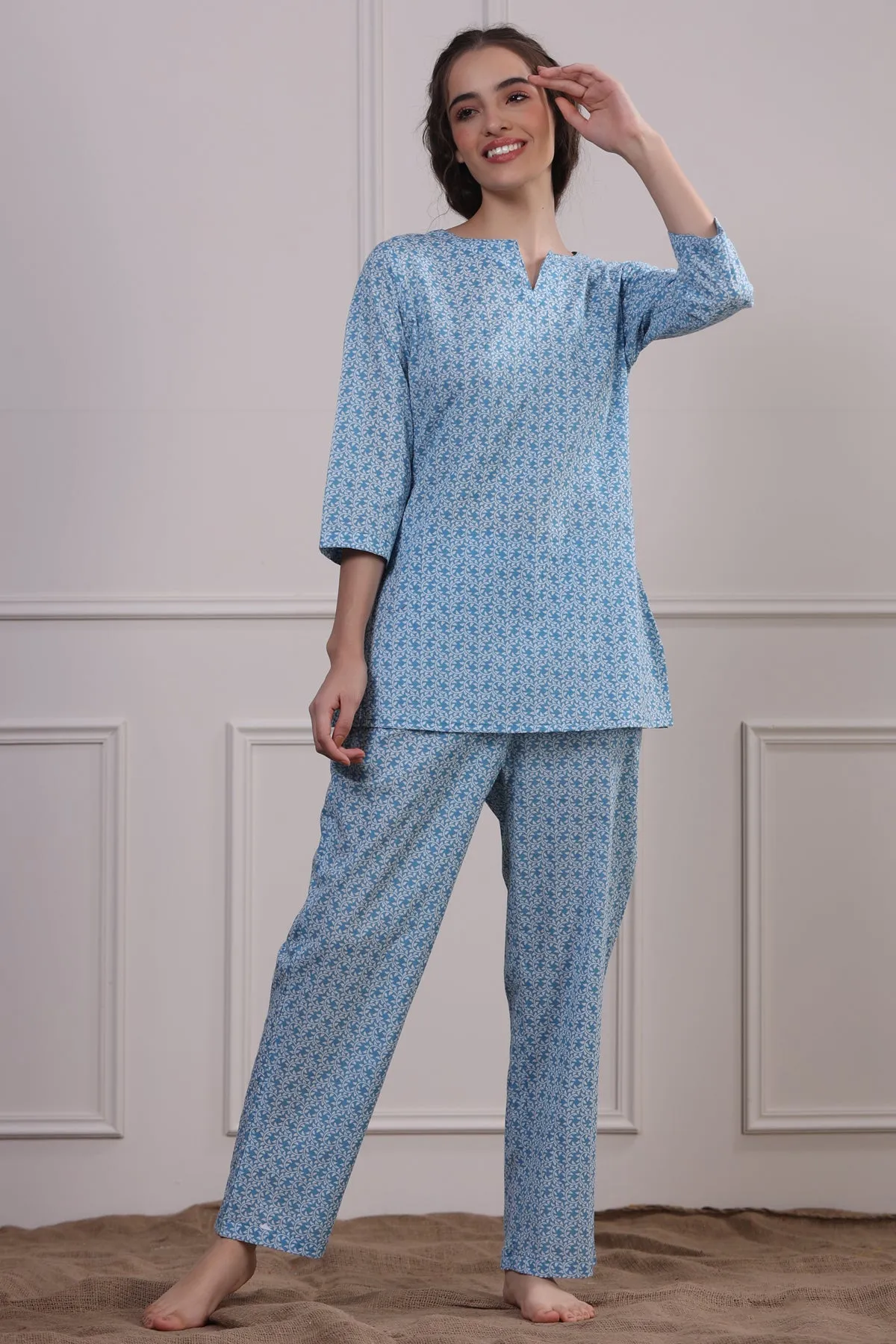 Floral Mosaic on Light Blue Loungewear Top Set