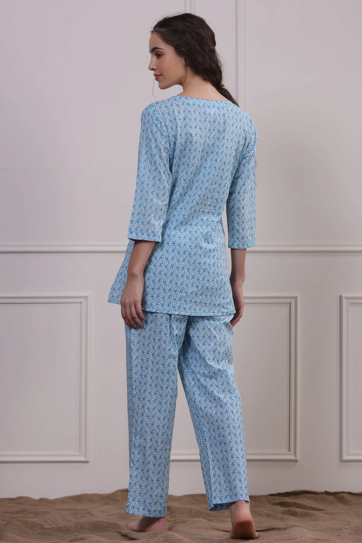 Floral Mosaic on Light Blue Loungewear Top Set