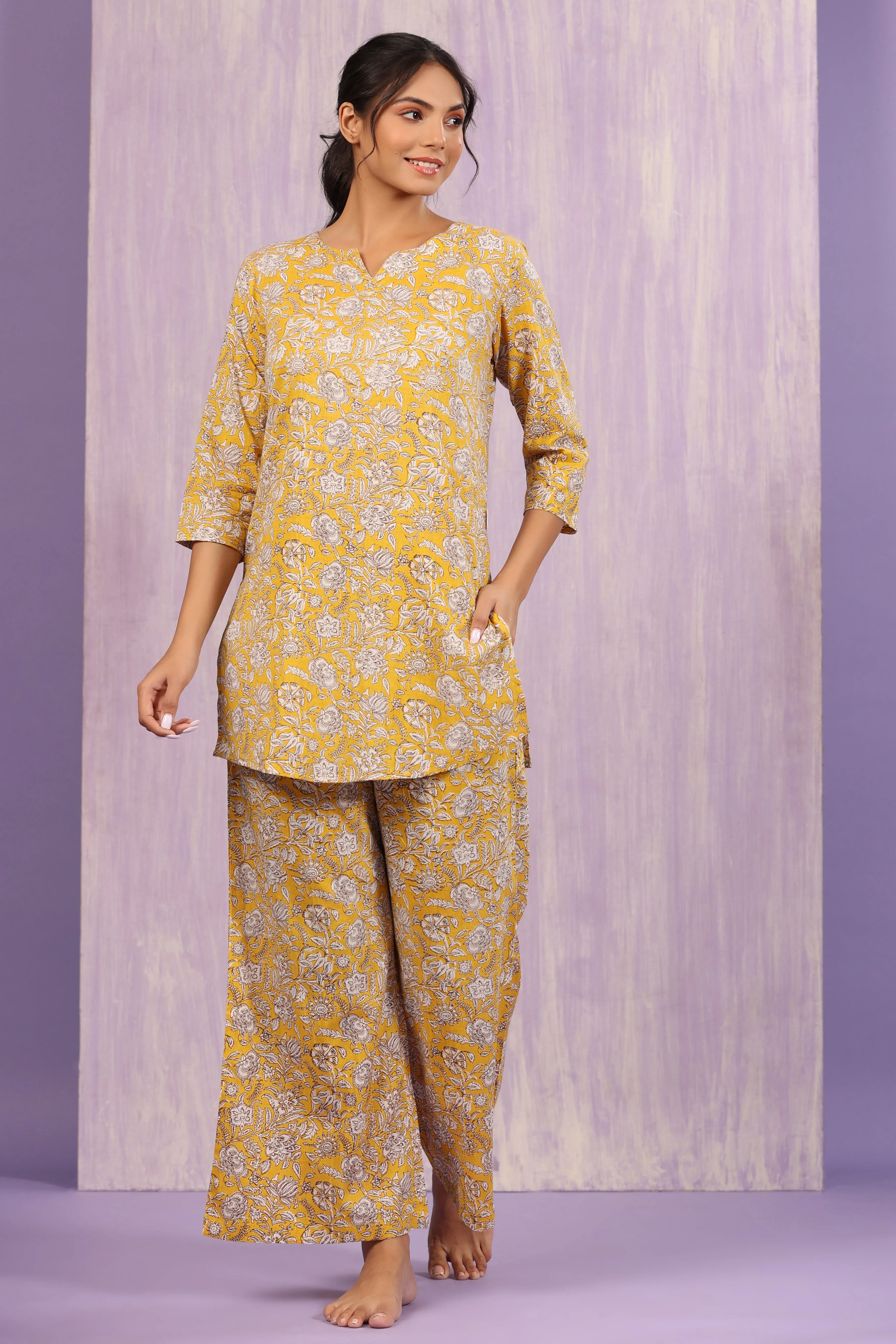 Floral Mosaic on Mustard Palazzo Loungewear Set