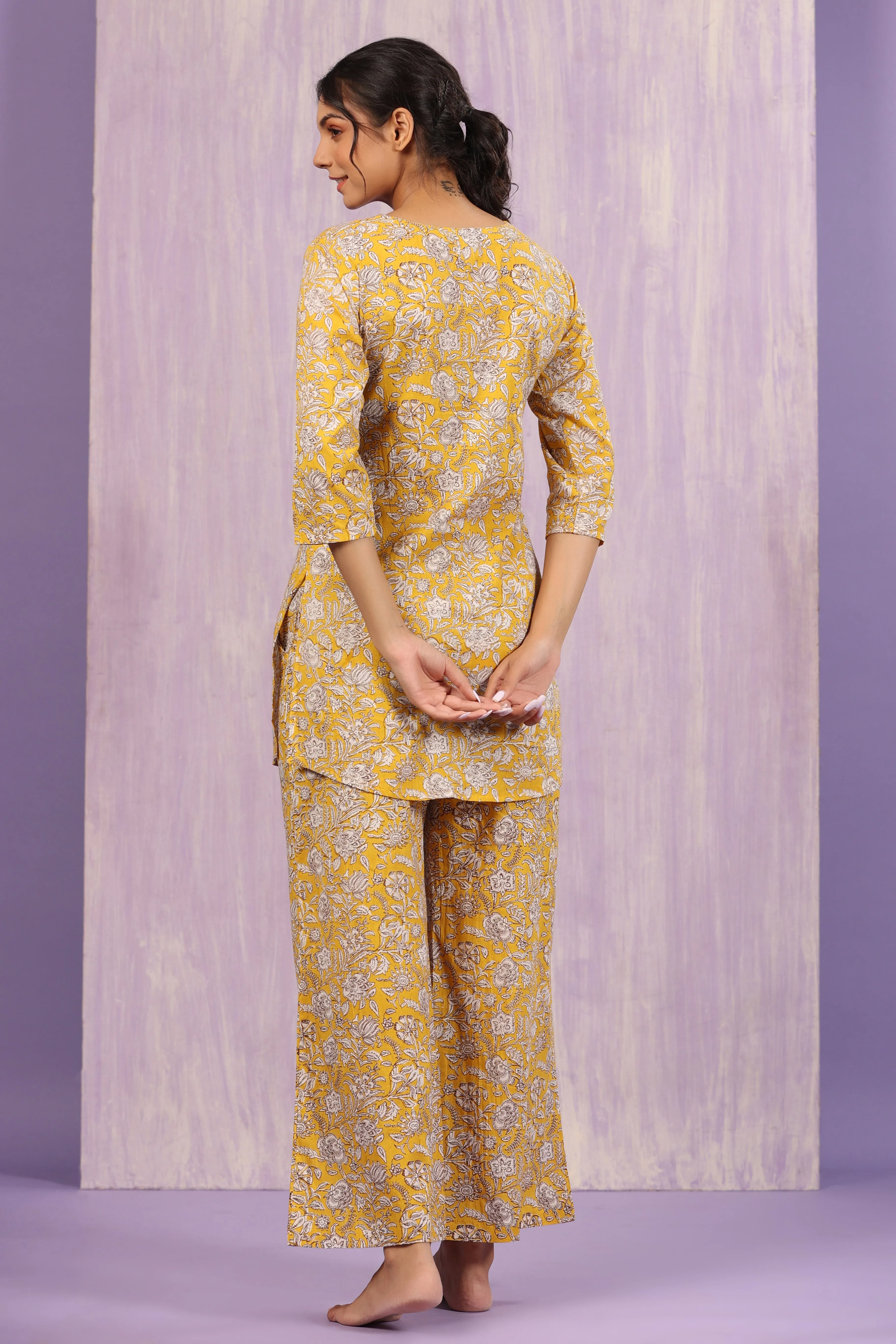 Floral Mosaic on Mustard Palazzo Loungewear Set