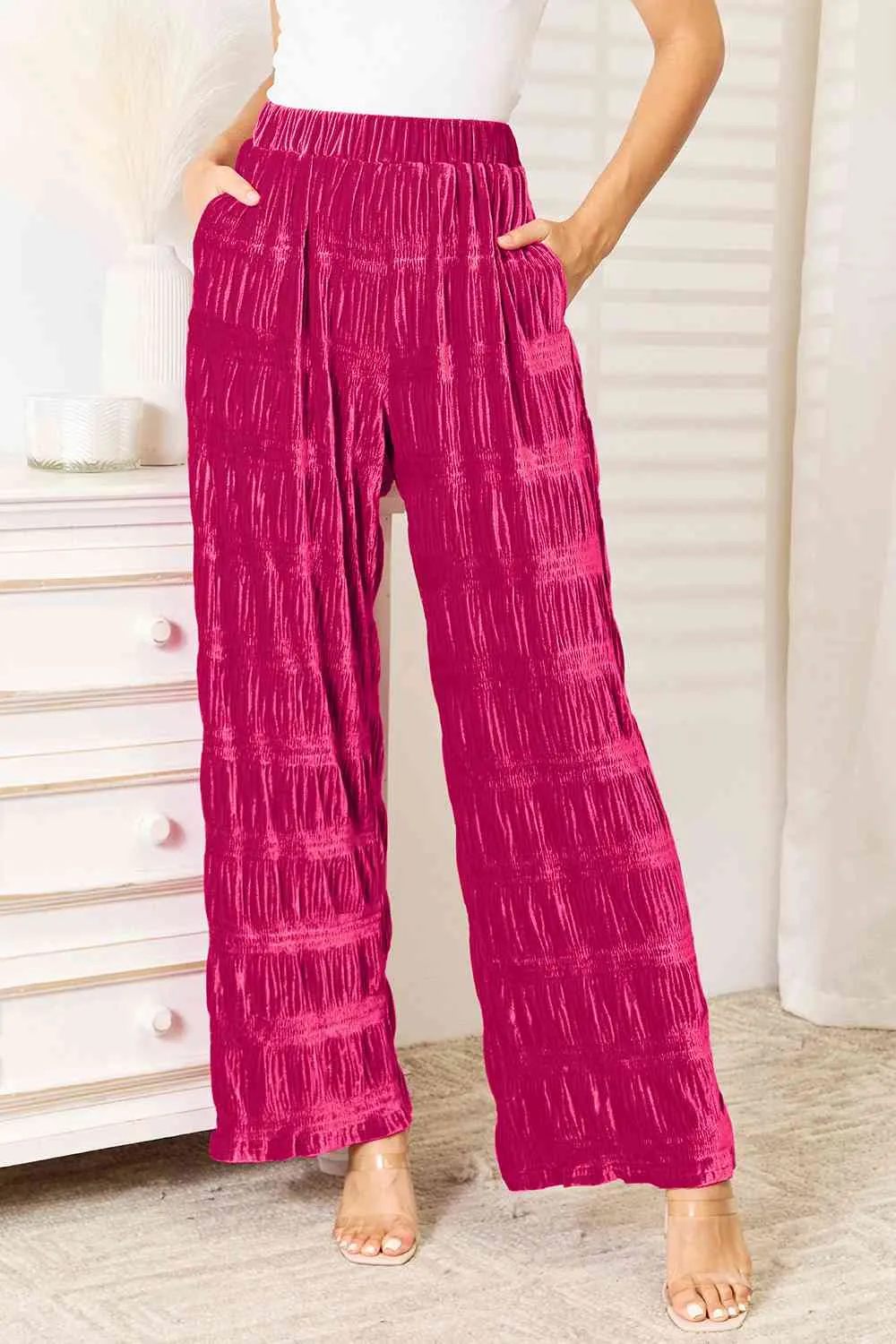 Full Size High Waist Tiered Shirring Velvet Wide Leg Pants