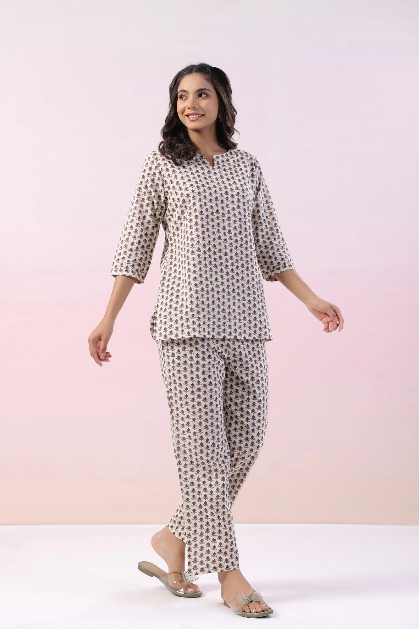 Gardenia Motif Cotton Loungewear Top Set