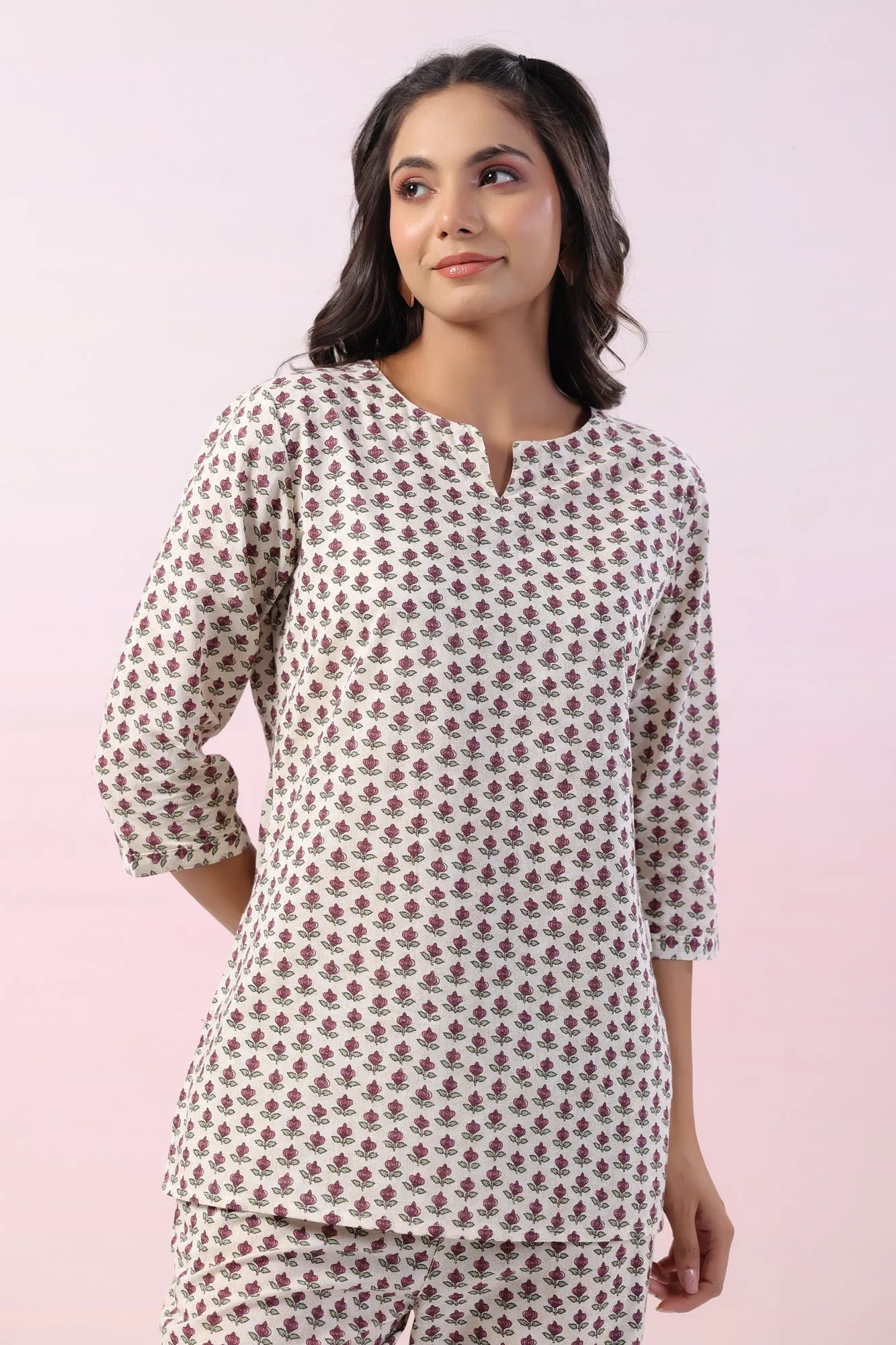 Gardenia Motif Cotton Loungewear Top Set