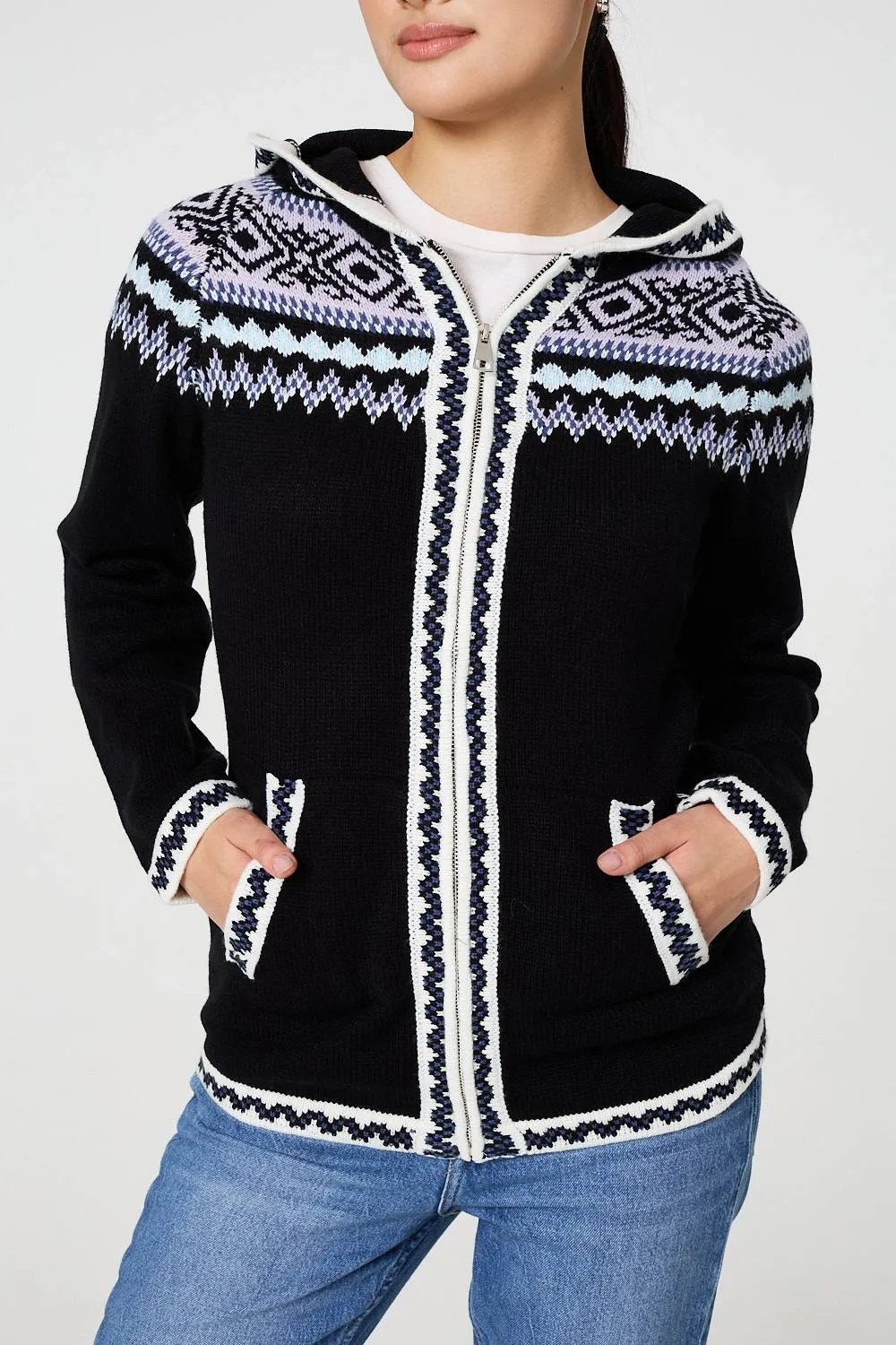 Ikat Print Zip Front Hooded Jumper