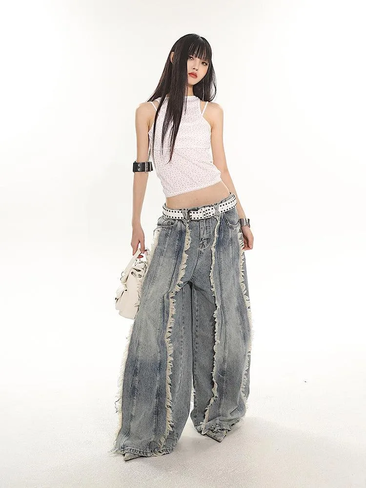 Indigo Fringe Design Flared Wide-Leg Denim Pants