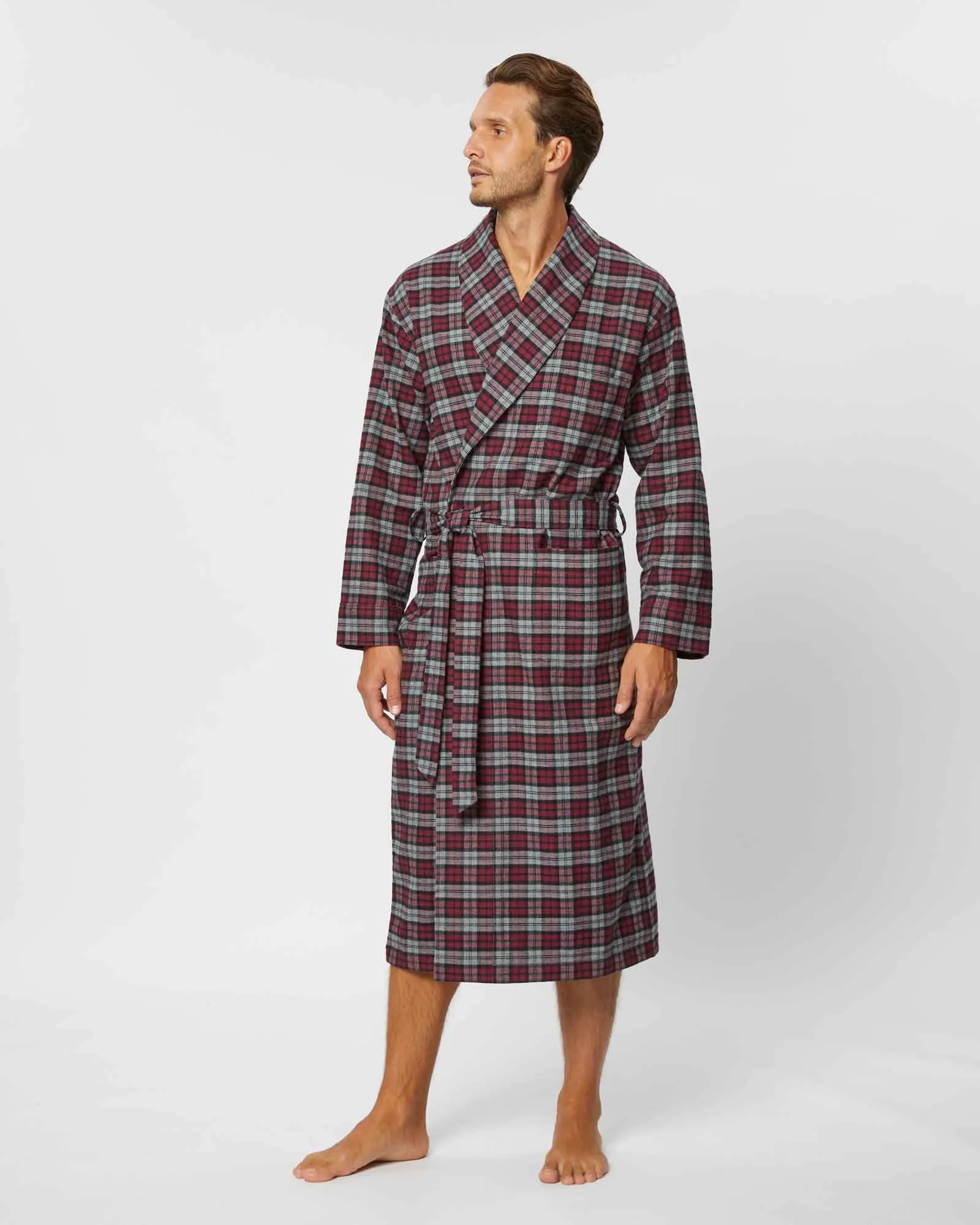 Men's Brushed Cotton Dressing Gown - Litton Burgundy Tartan