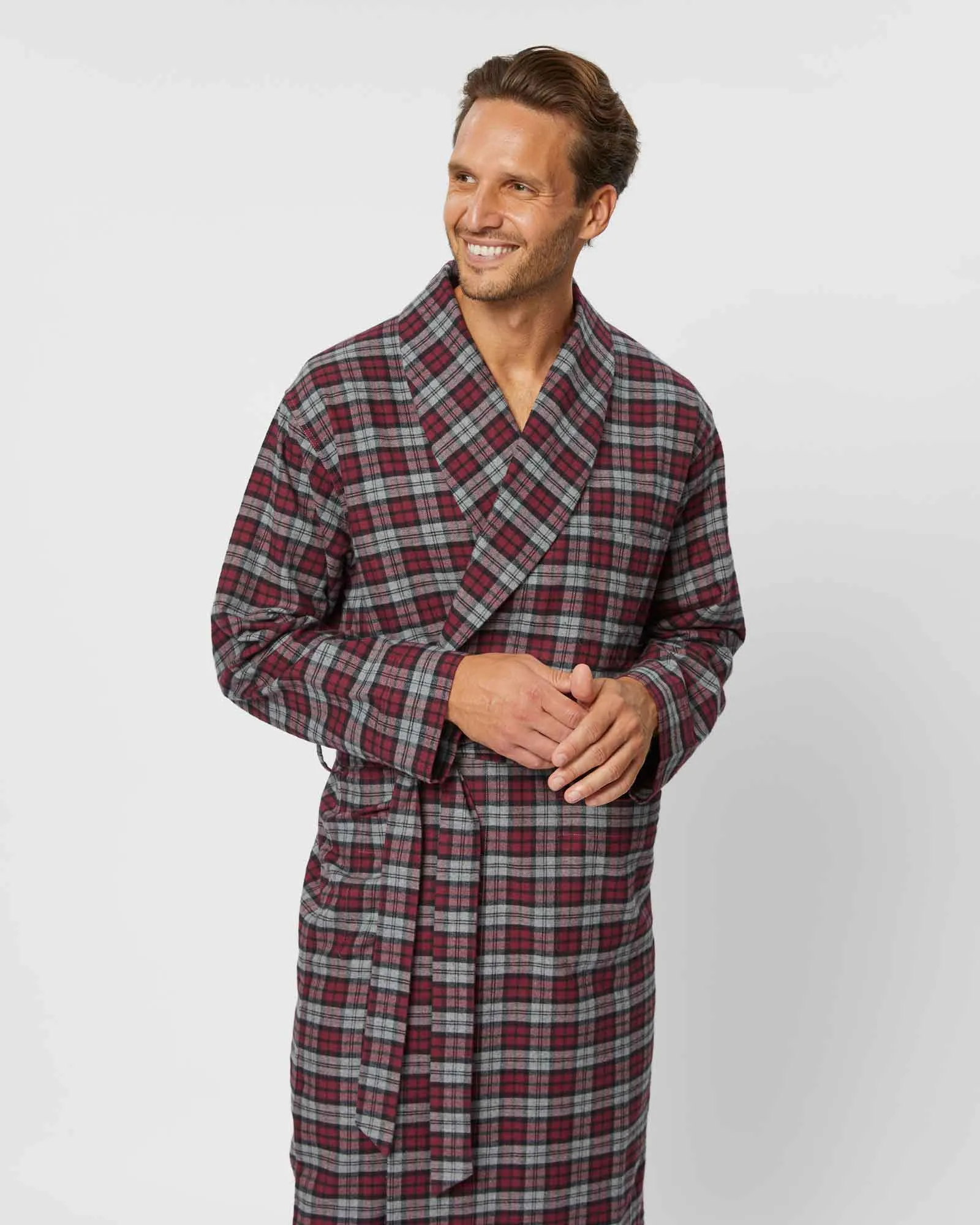 Men's Brushed Cotton Dressing Gown - Litton Burgundy Tartan