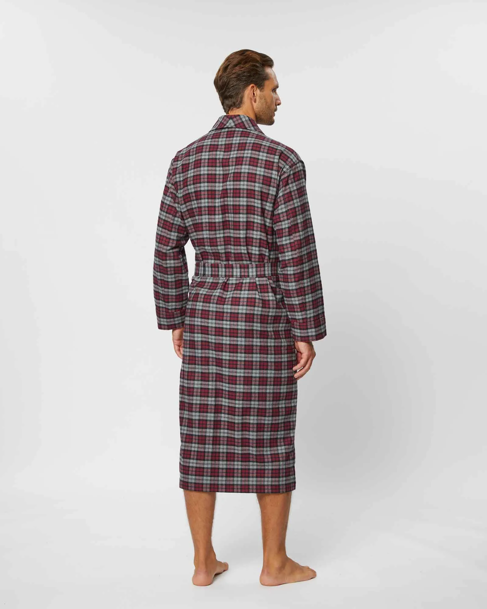 Men's Brushed Cotton Dressing Gown - Litton Burgundy Tartan