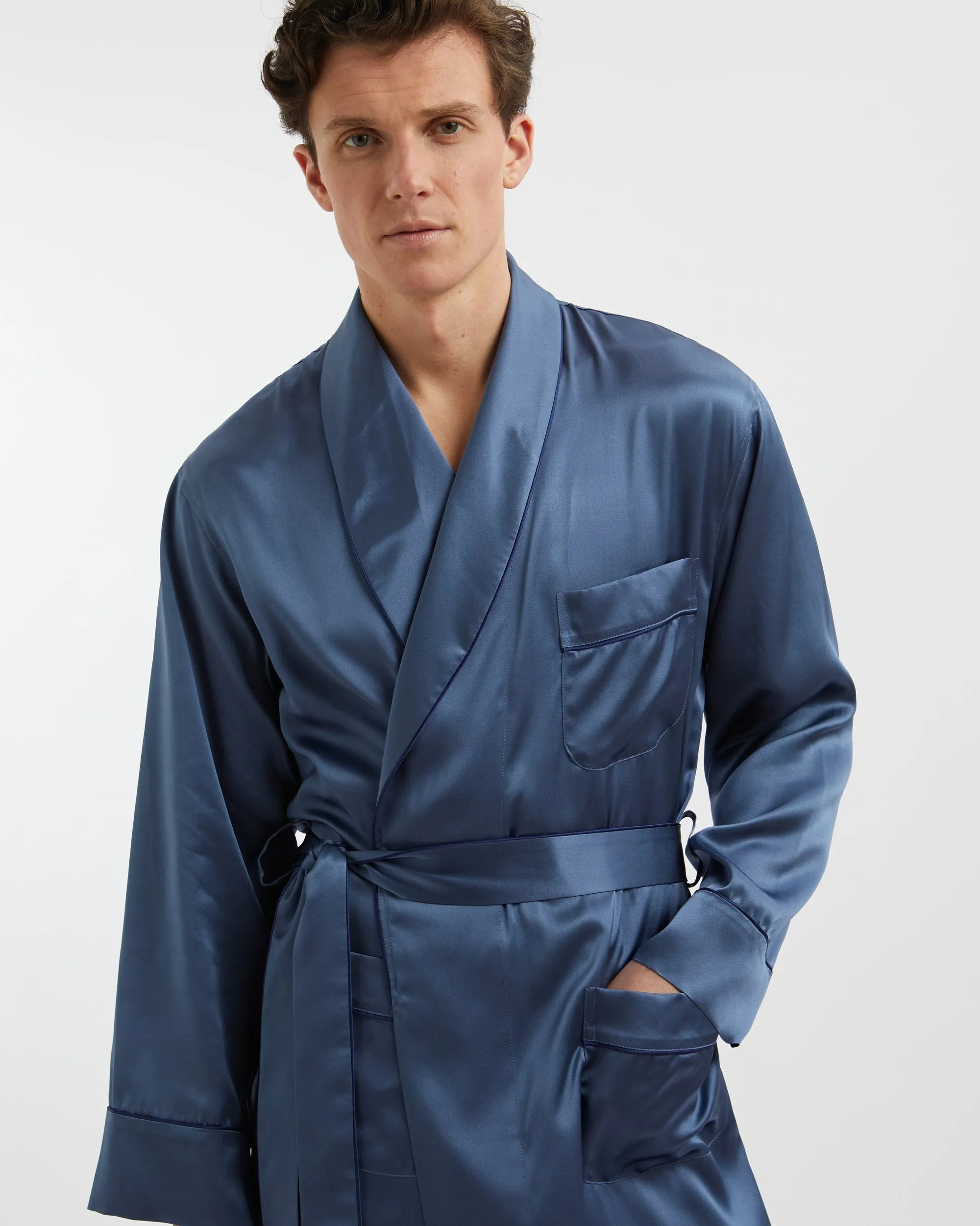 Men's Silk Dressing Gown - Airforce Blue