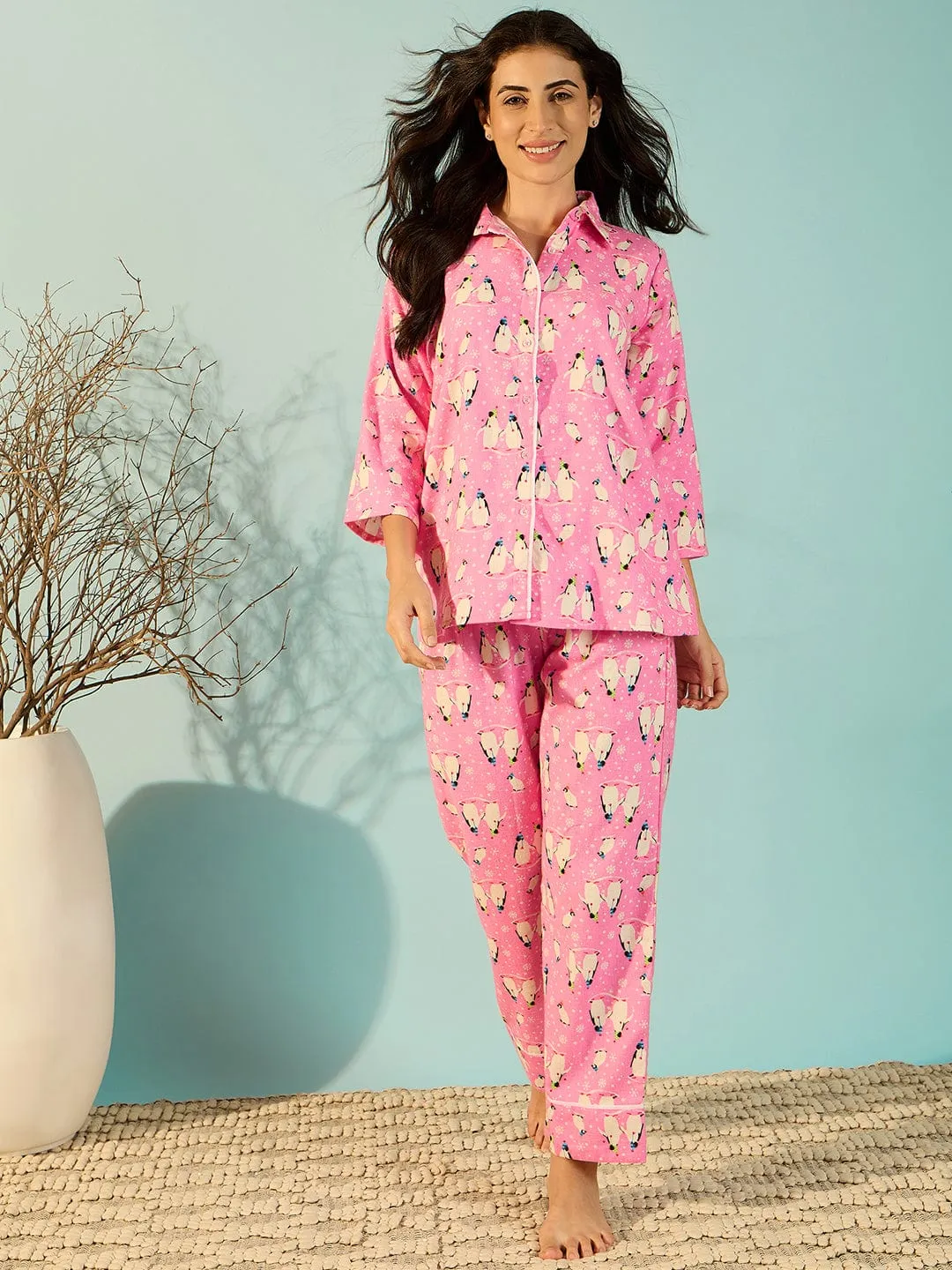 Penguin Pink Flannel Soft Night Suit Set For Women