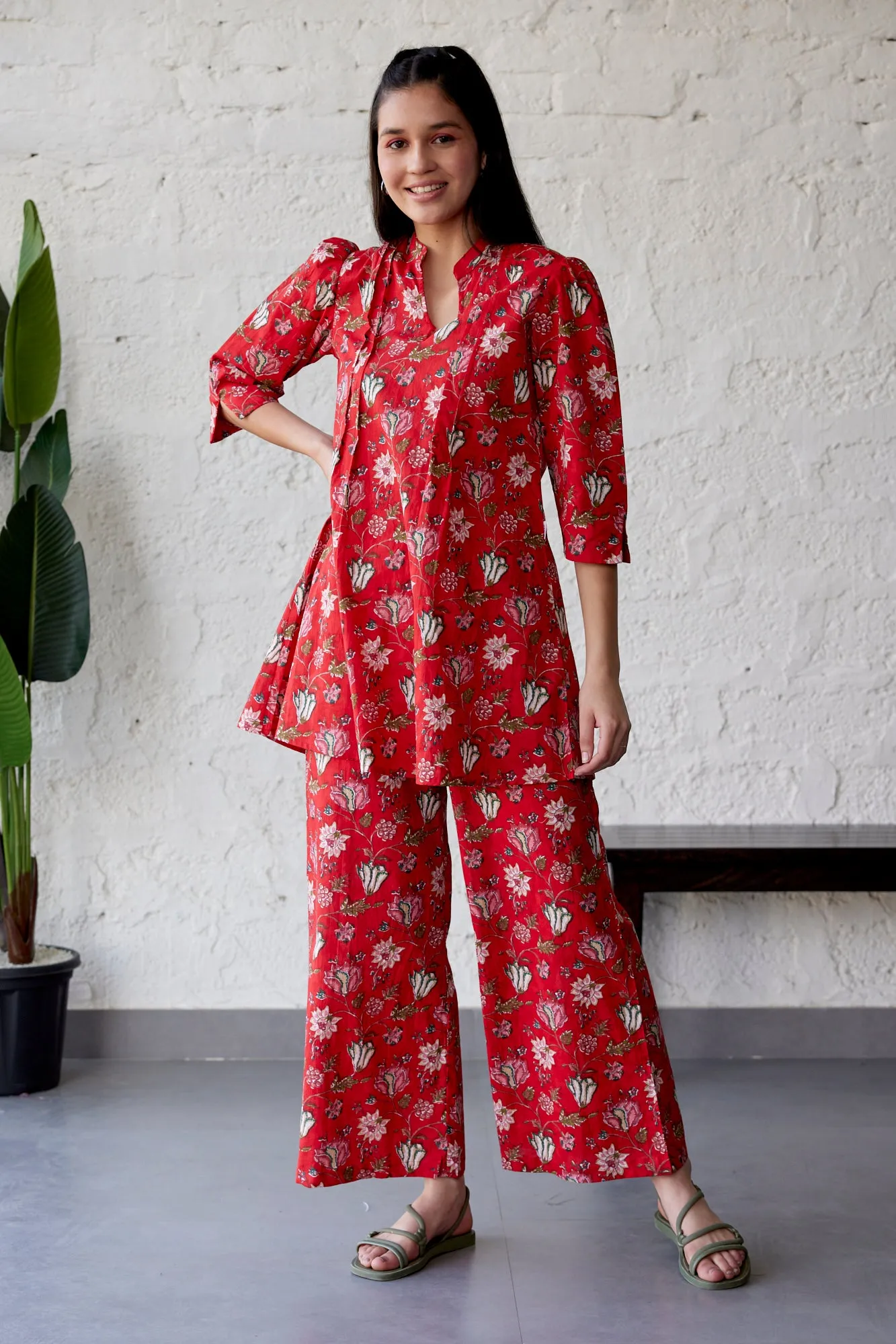 Red Ethnic Coromandel On Palazzo Loungewear Set