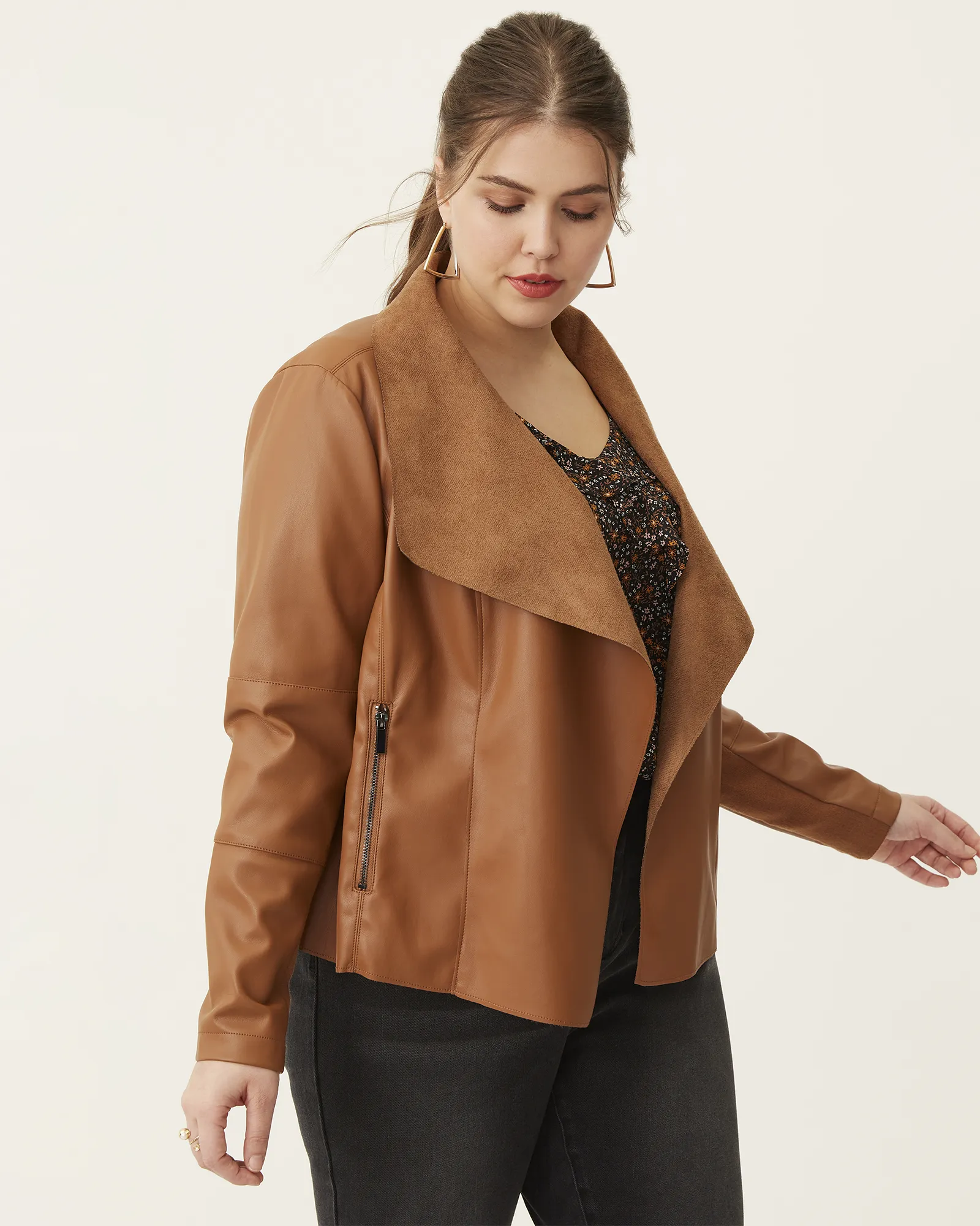 Thalia Faux Leather Draped Jacket | Saddle