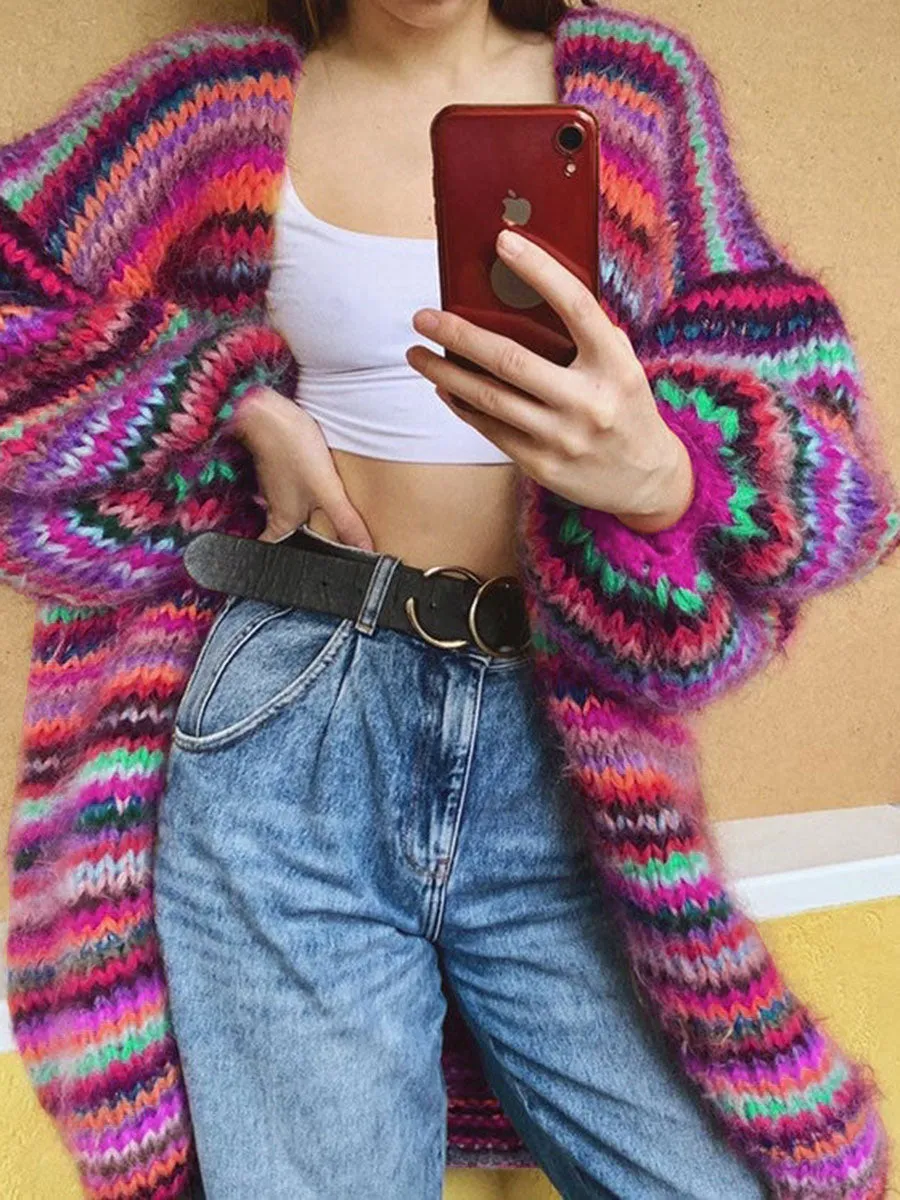 Warm Color Striped Women'S Sweater Coat