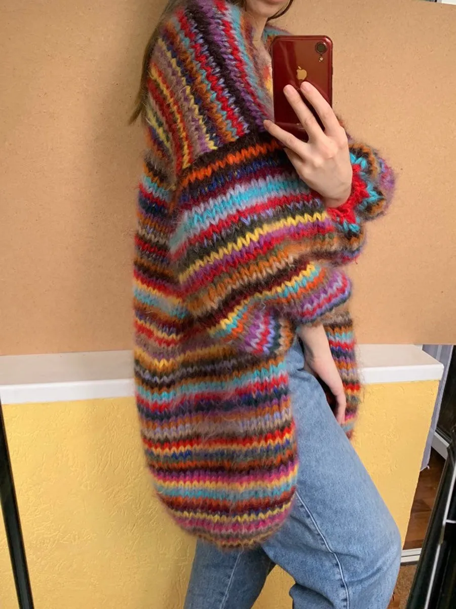 Warm Color Striped Women'S Sweater Coat