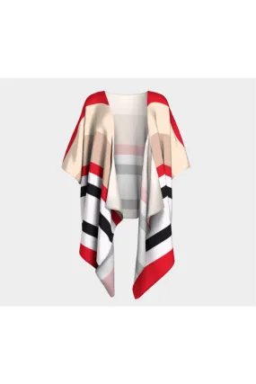 White Black & Red Striped Draped Kimono