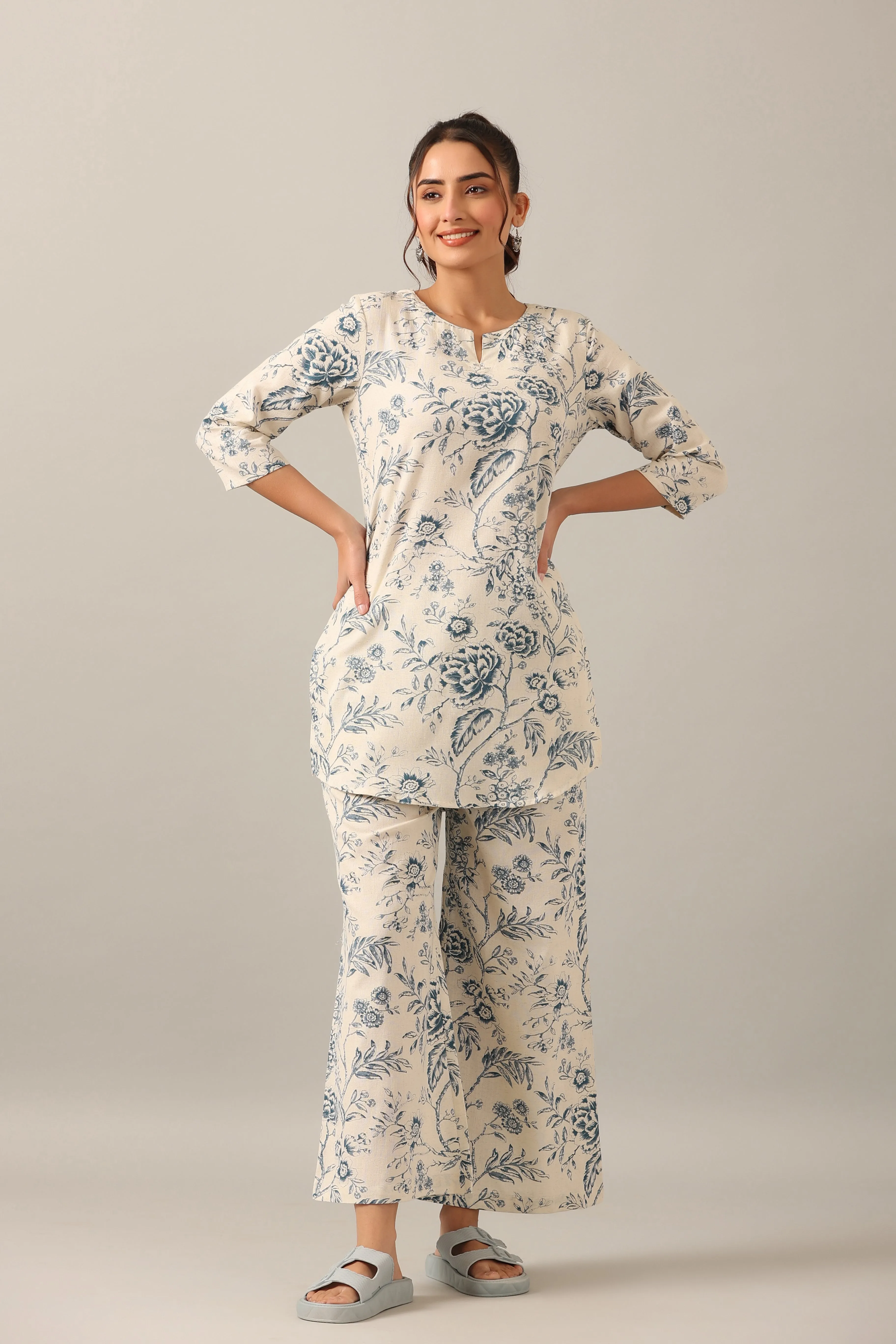 White Roses on Cotton Flex Palazzo Loungewear Set